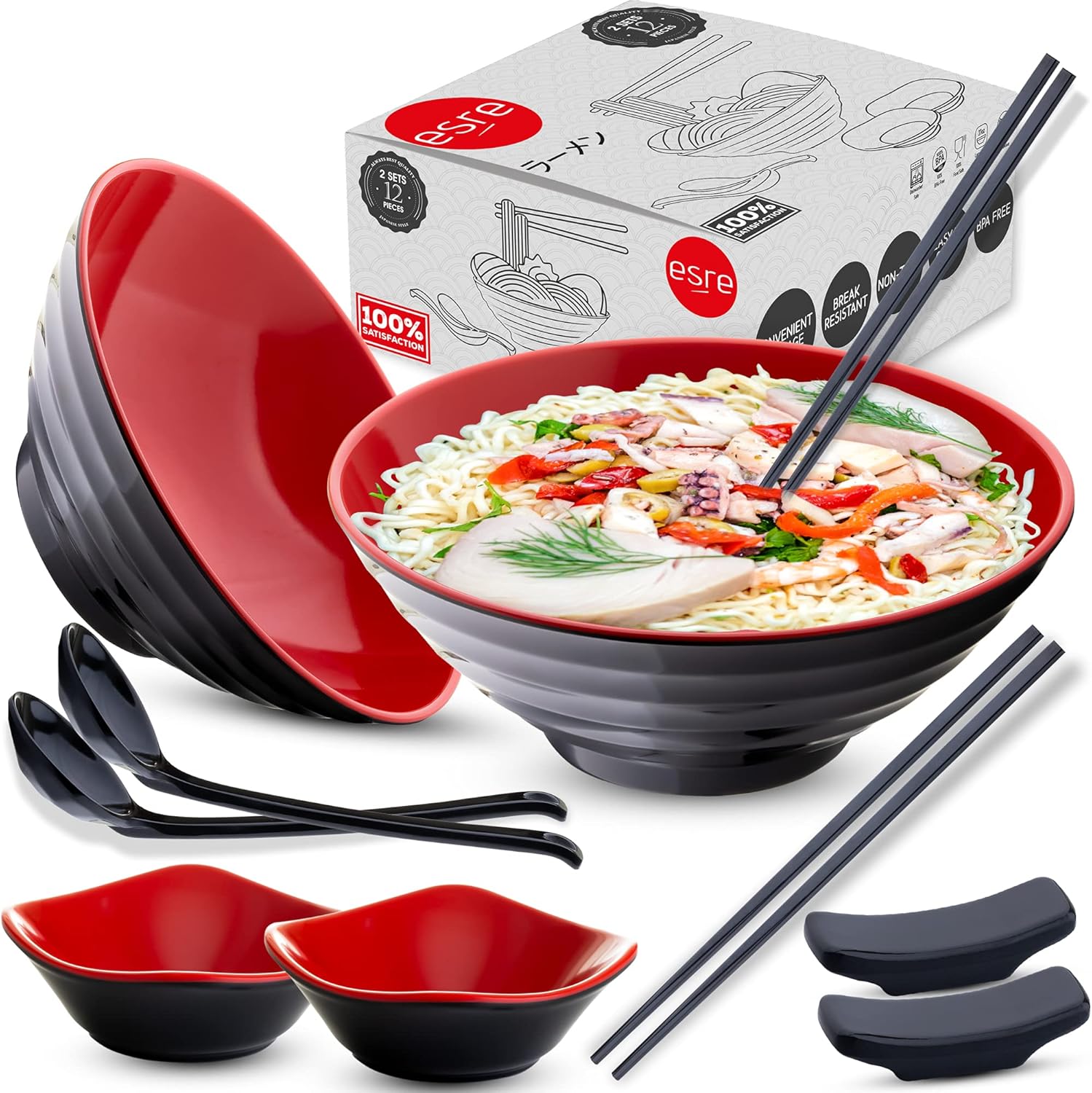 2 sets (12 pieces) 37 oz Japanese Ramen Bowl with Chopsticks and Spoons