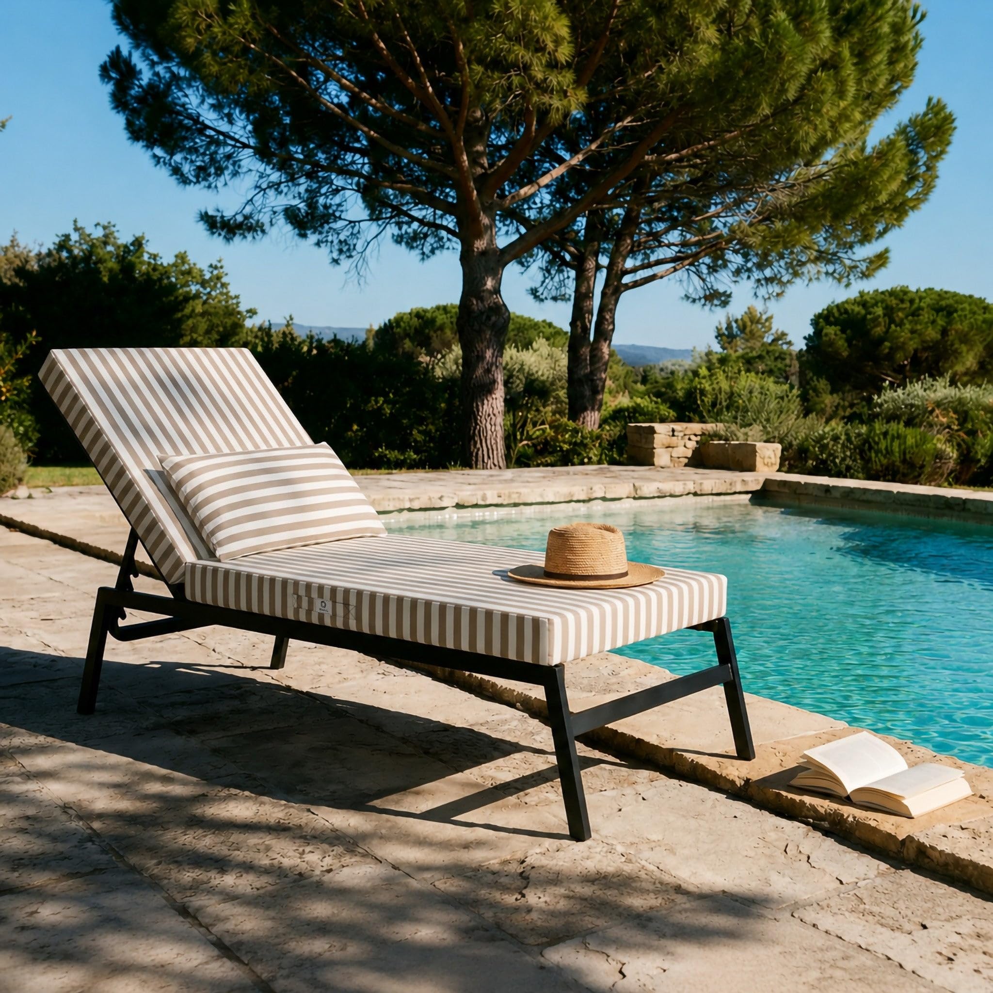 Déco Arts Coussin Bain de Soleil 190x60x10 cm avec Têtière — Matelas Transat Déhoussable Déperlant Anti-UV — Tissu Premium 270 g/m² Oeko-TEX — Coussin Chaise Longue Jardin — Rayure Beige