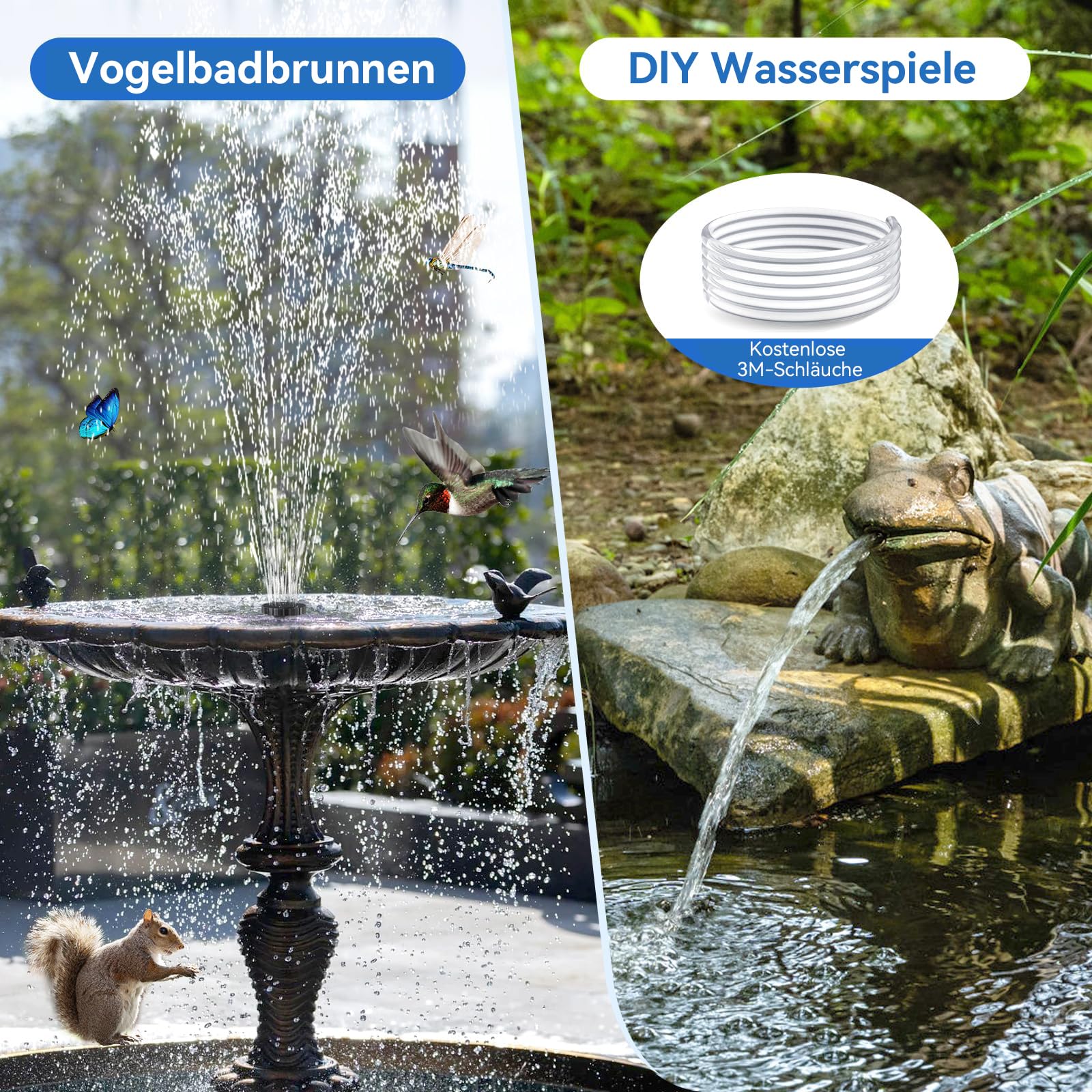 POPOSOAP Solar Springbrunnen für Außen, 6,5W Teichpumpe Solar mit verbessertem Trockenlaufschutz und doppellagigen Düsen, 1,5 m Schlauch für Teich, Vogelbad, Gartenwasserspiel