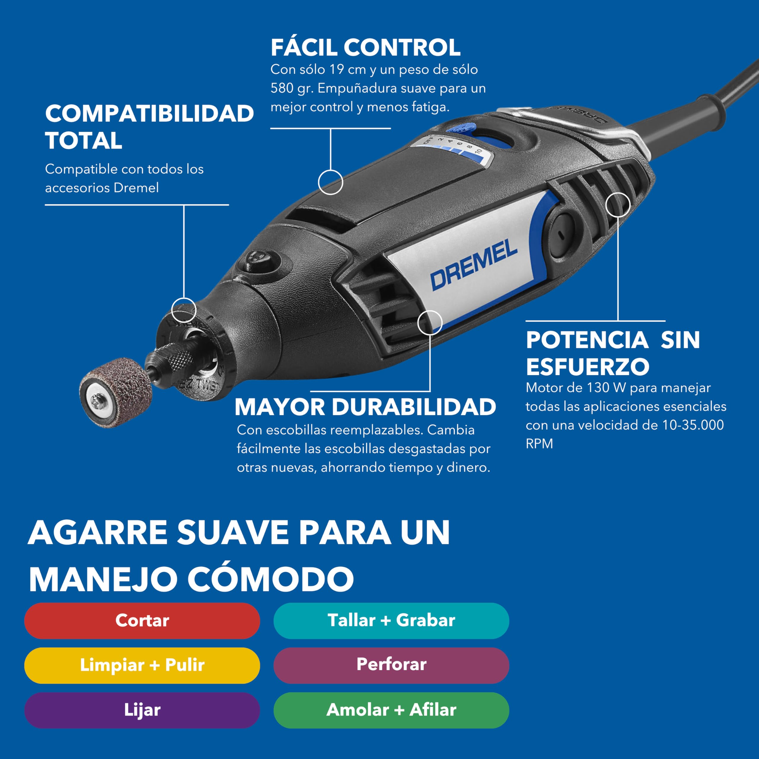 Dremel 3200 Herramienta Rotativa 130W, Multiherramienta con 1 Eje Flexible, 90 accesorios, Velocidad Variable 10.000-35.000 RPM para Cortar, Grabar, Tallar, Lijar, Limpiar, Pulir, Perforar, Afilar