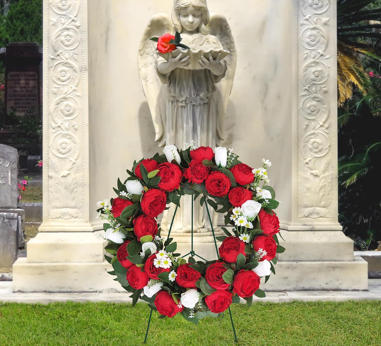 Cemetery Wreaths for Graves,Christmas Wreath for Cemetery,Memorial Day Grave Wreath,Headstone Wreaths on Metal Stand,Spring Artificial Flower Wreath:Red Peony,White Rose