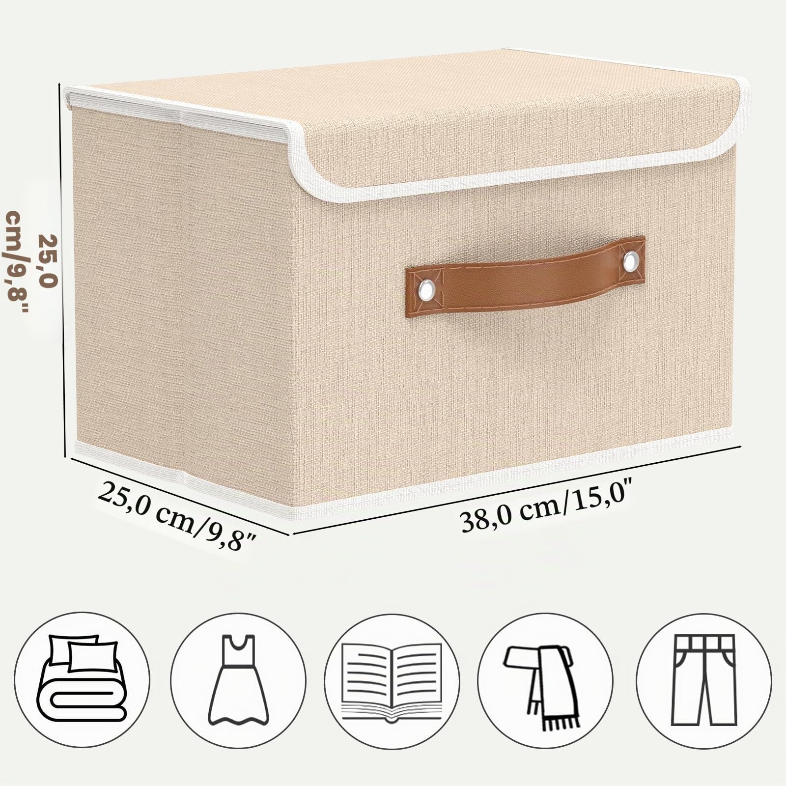 OUTBROS 3 Set Scatole Portaoggetti, 38x25x25cm Cubi Scaffale Cesto, Beige | Contenitori per Armadio tessuto con Coperchio, Cassettiera pieghevole adatta con Manici per Indumenti