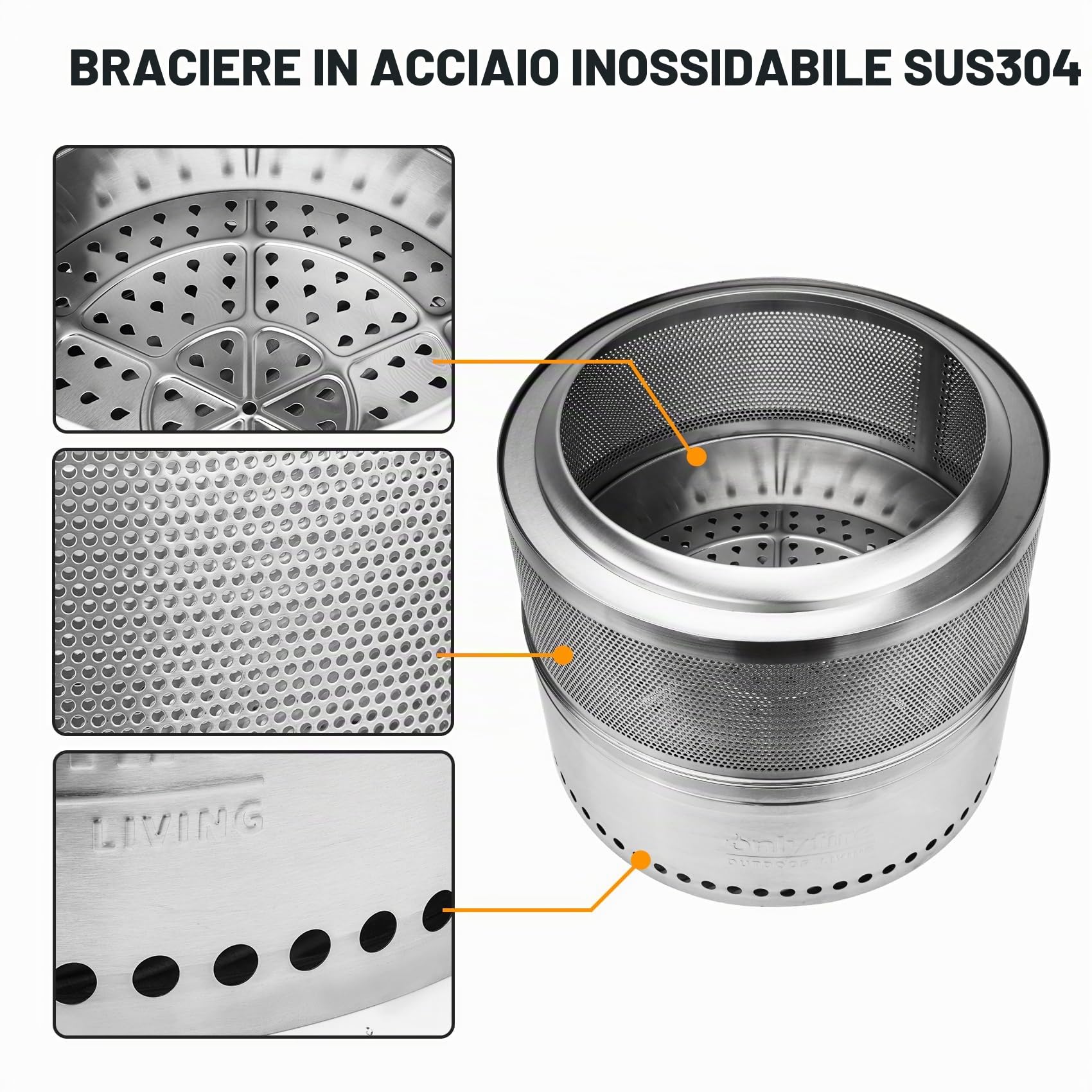 Onlyfire Braciere Senza Fumo Acciaio Inox Ø 50 cm Portatile per Falò All'aperto
