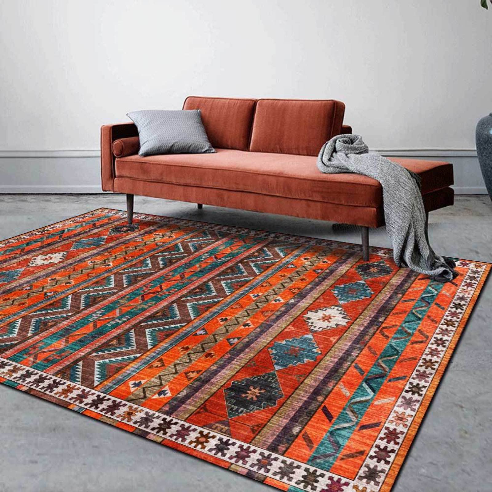 Moderne Tapis Salon Décoration de la Maison Rayures Ethniques géométriques Orange foncé Tapis Antidérapant Intérieur Moelleux pour Salon Chambre 80 x 160 cm