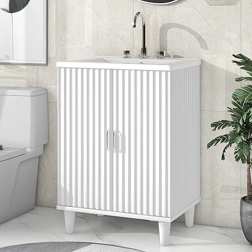 Miniatura 3 de P PURLOVE Mueble de baño de 24 pulgadas con fregadero, armario de almacenamiento de baño con dos puertas y estantes ajustables, moderno juego de