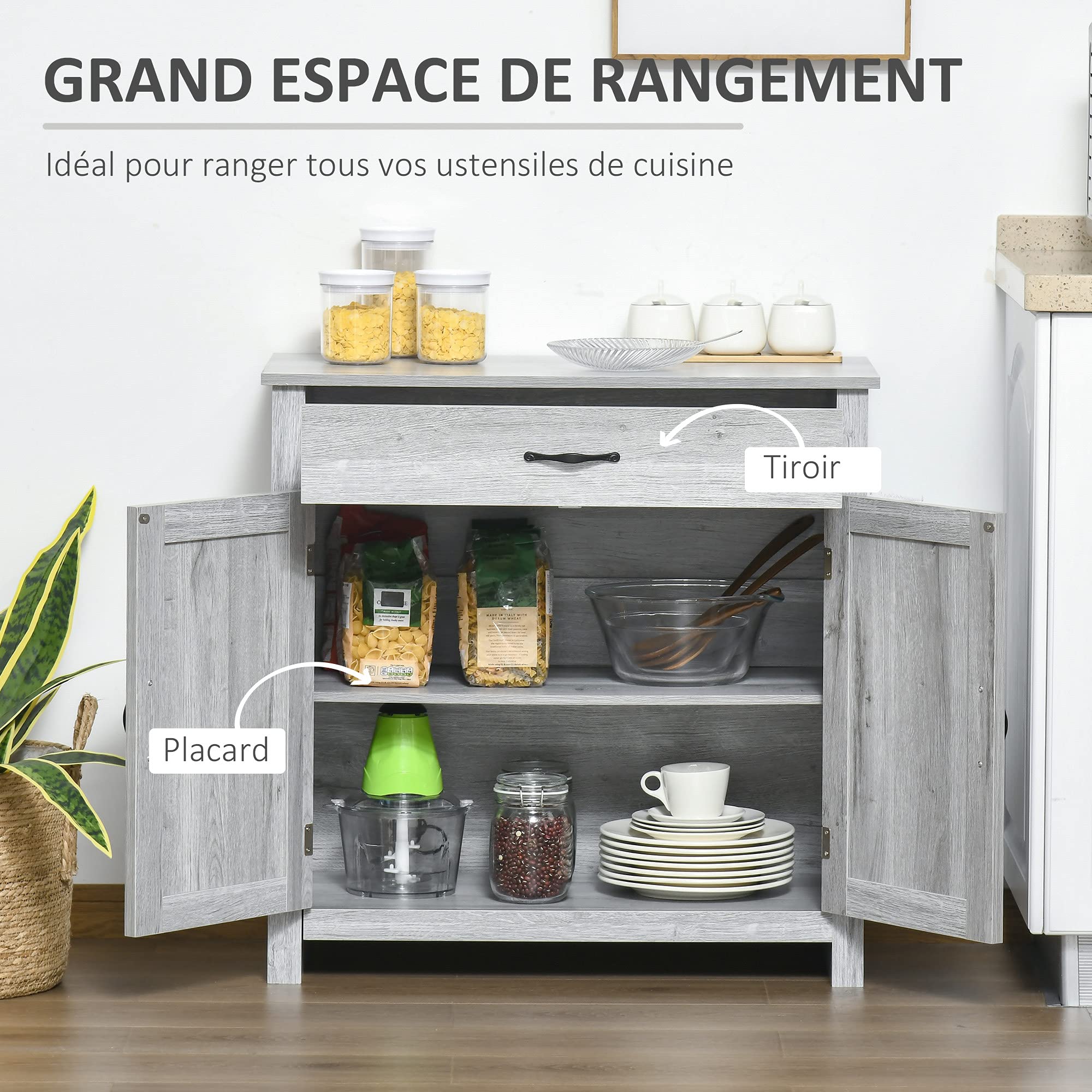 HOMCOM Buffet Salon avec Tiroir 2 Portes 80 x 39,7 x 80 cm Gris Clair | Meuble de Rangement, Étagère Réglable, Buffet Salle à Manger et Cuisine