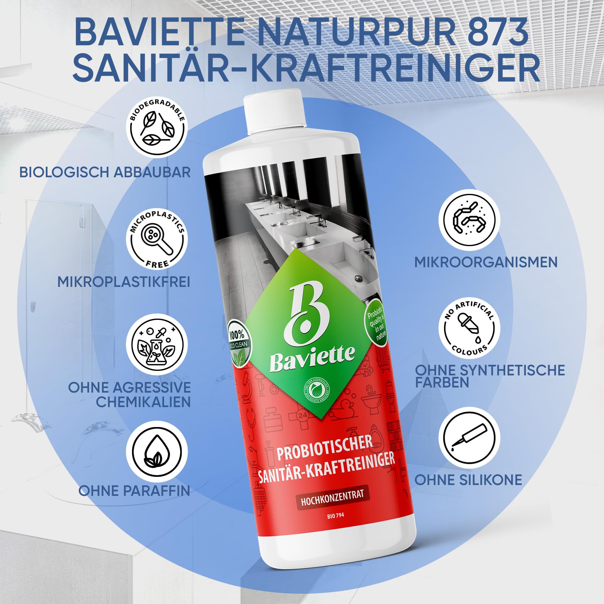 Baviette ProBio Clean – Limpiador de fuerza biológico con fórmula probiótica para limpieza profesional en la práctica, laboratorio y grandes empresas (limpiador potente de 1 litro)