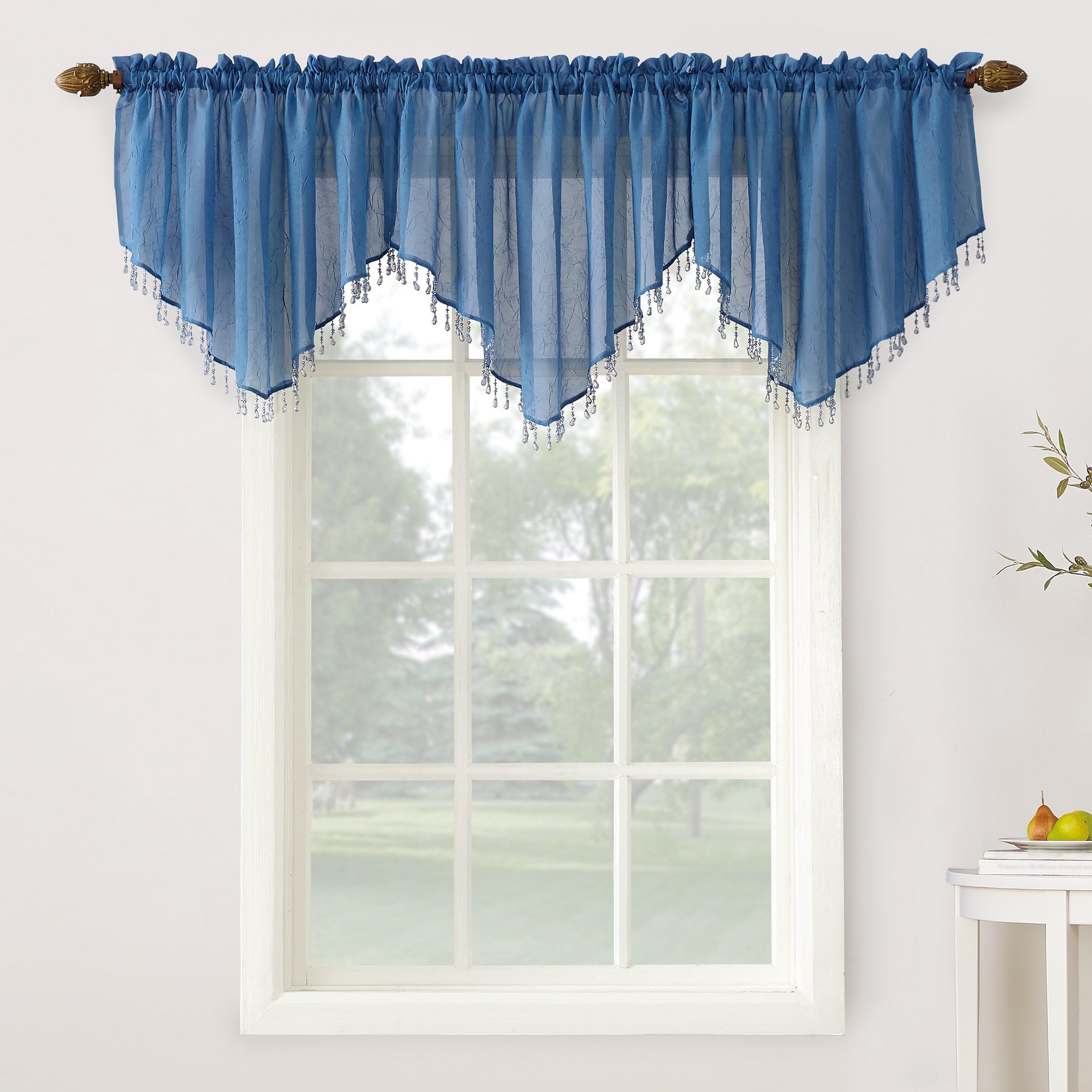 No. 918Erica Crushed Voile Ascot Beaded Sheer Rod Pocket Curtain 3-Piece Set