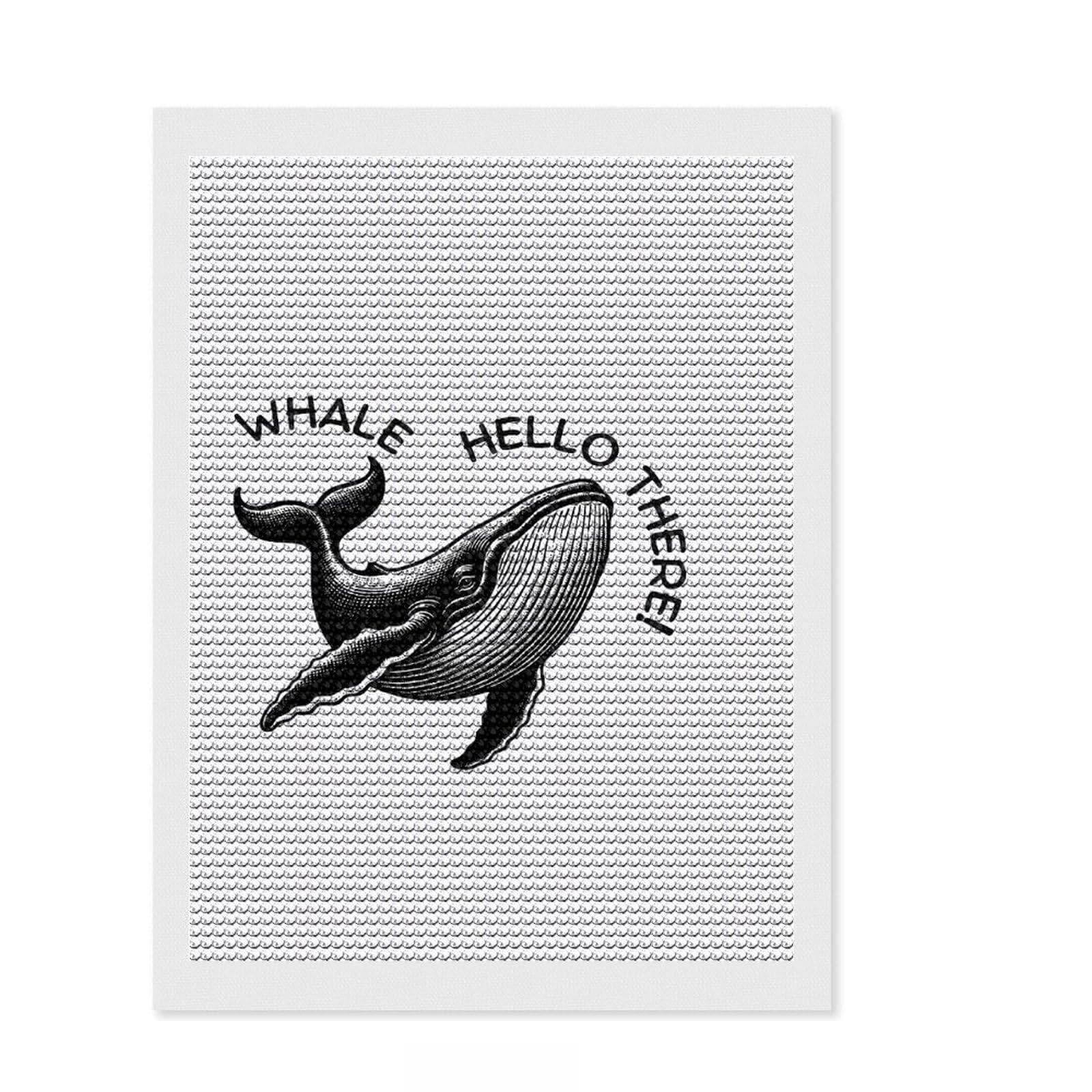 Junmoney Whale Hello There! Black and White Round Drill Diamond Painting 12"x16", for Creative Relaxation, Full Kit Included, Boho Decor, Gift Idea