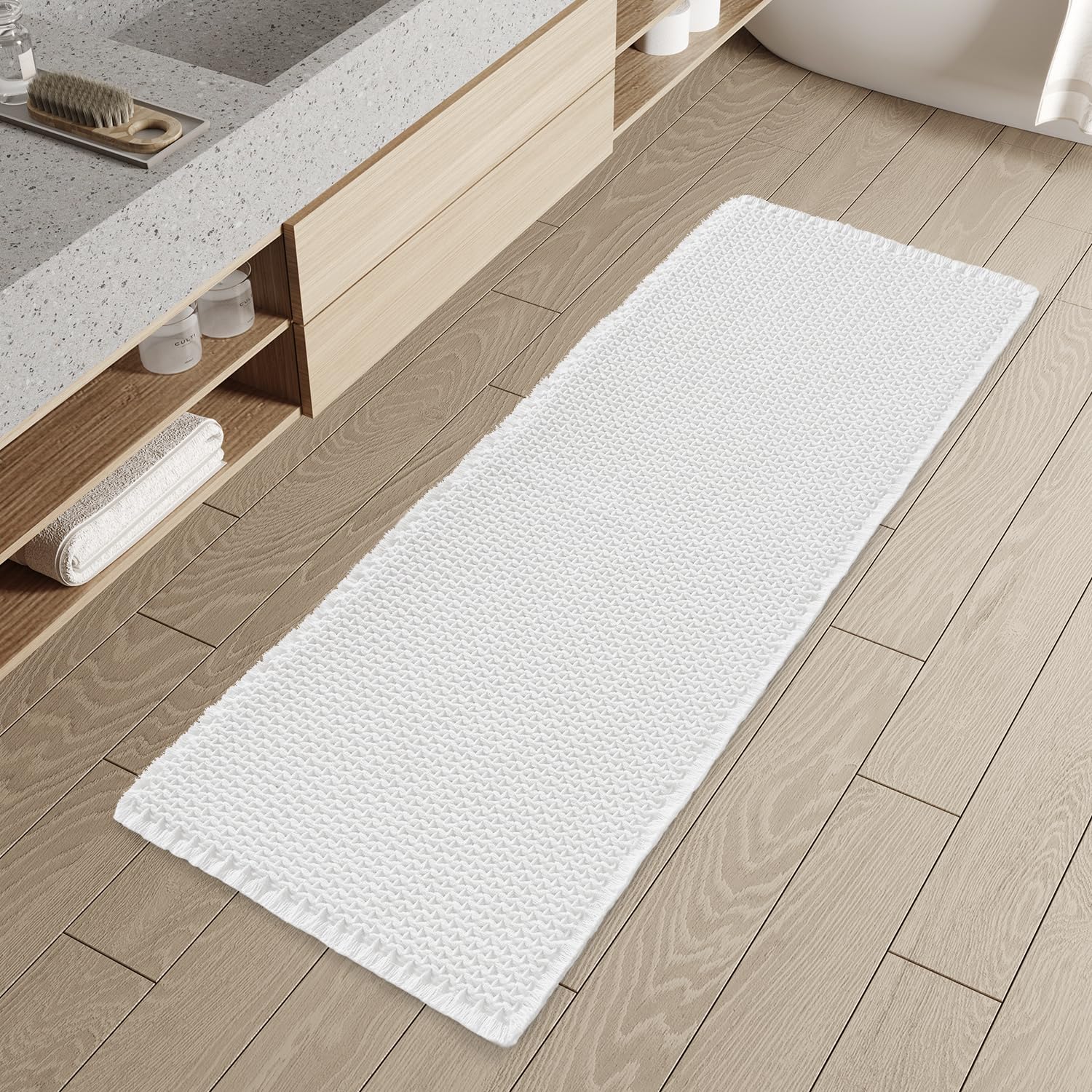Checkered Bath Mat Runner, Super Absorbent Non Slip Bathroom Runner Rug Modern Woven Washable Runners for Hallways Entryway Bedroom Laundry Room