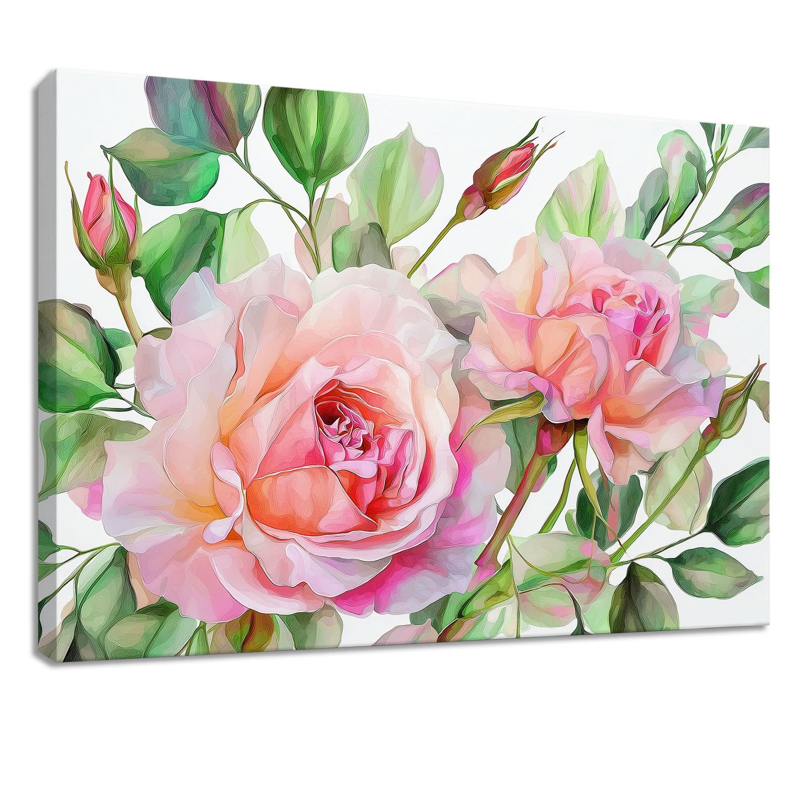 Genérico Impresión sobre lienzo Naturaleza Cuadro Decoracion Pared Pintura 120 x 80 cm Verde Floral Rosa Plantas Hojas - Carteles Arte para Salón, Dormitorio, Cocina, Oficina