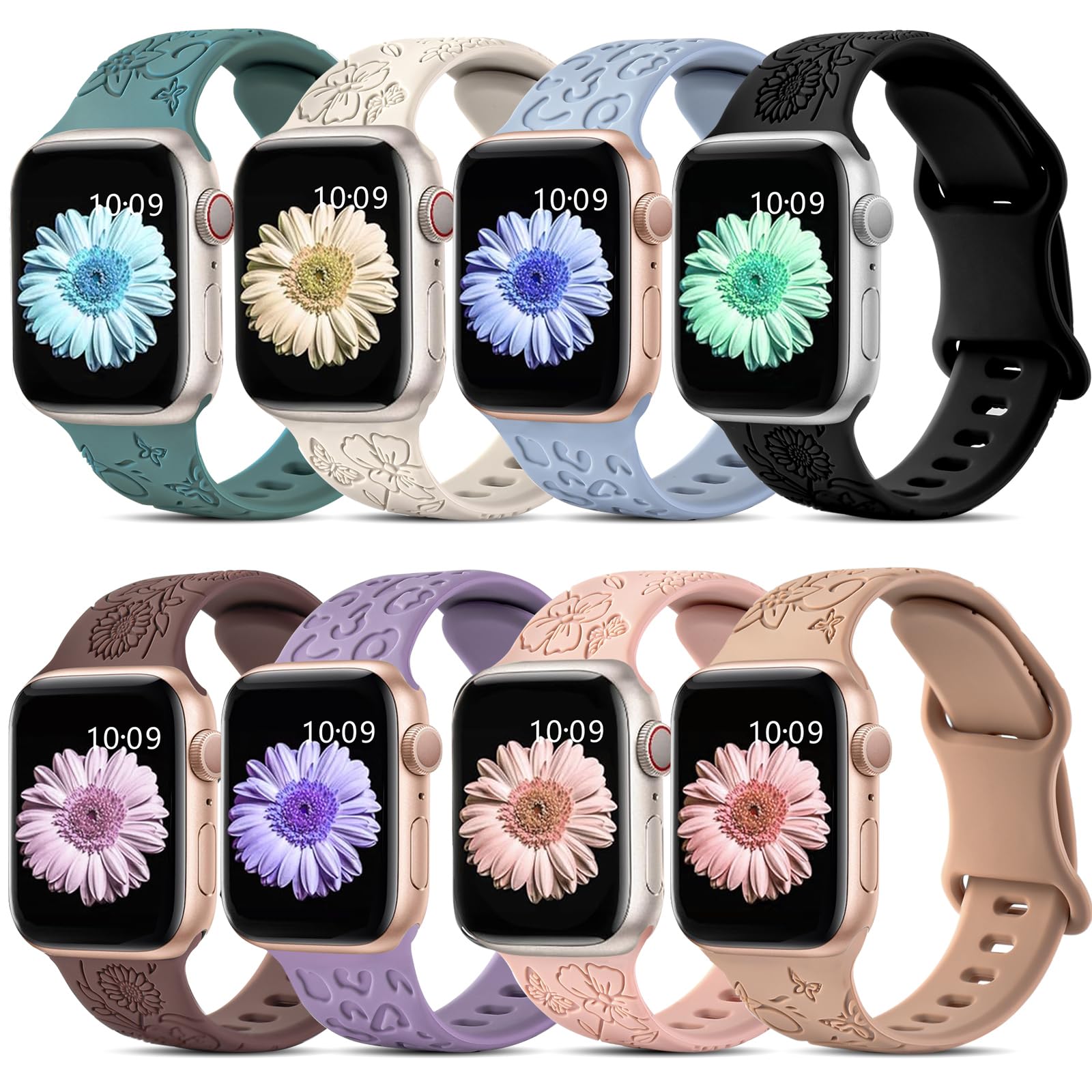 aceyoon 8 Pack Engraved Strap Compatible with Apple Watch Strap 38mm 40mm 41mm, Silicone Floral Replacement Band for iWatch Series SE 9 8 7 6 5 3 2 1