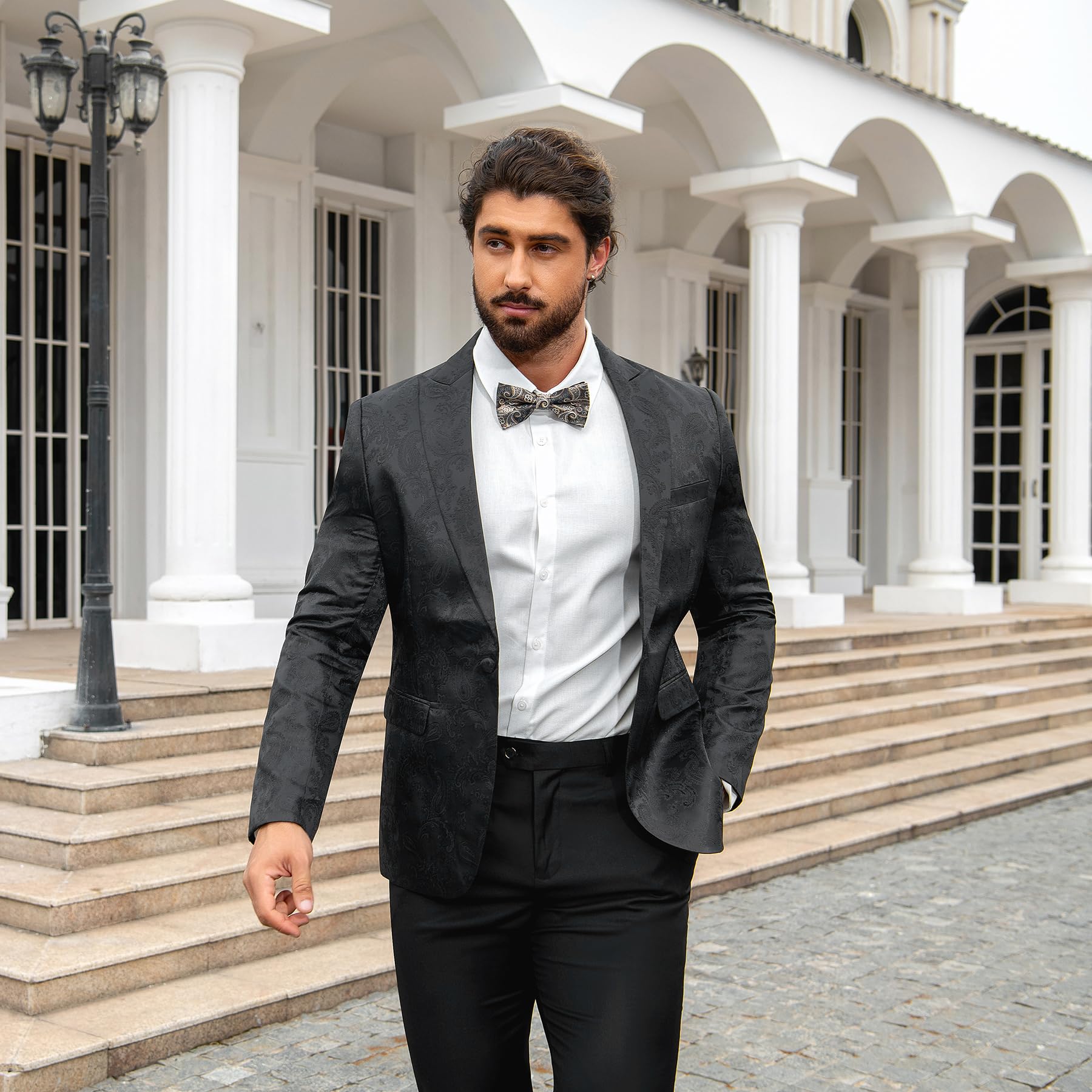 Allthemen Męska żakardowa marynarka Paisley elegancka luksusowa kurtka, 1 guzik Slim Fit Smoking na wesele z kieszeniami