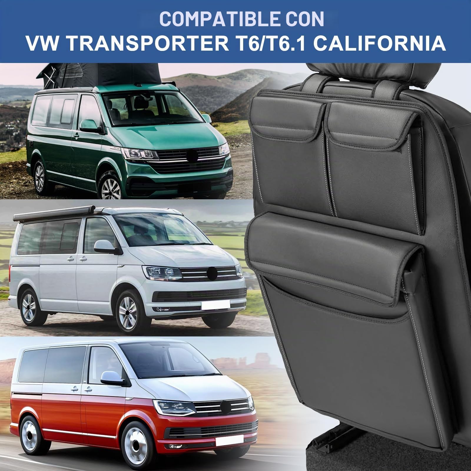 Organizador de Maletero para VW Transporter T6/T6.1 California, Protector de Respaldo Plegable con 3 Bolsillos, Organizador de Maletero de Gran Capacidad, Fácil de Instalar para Viajes y Uso Diario