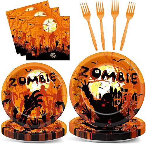 96 piezas de decoraciones de fiesta de Halloween, suministros de fiesta de cumpleaños zombi, platos, servilletas, fiesta de Halloween, vajilla de