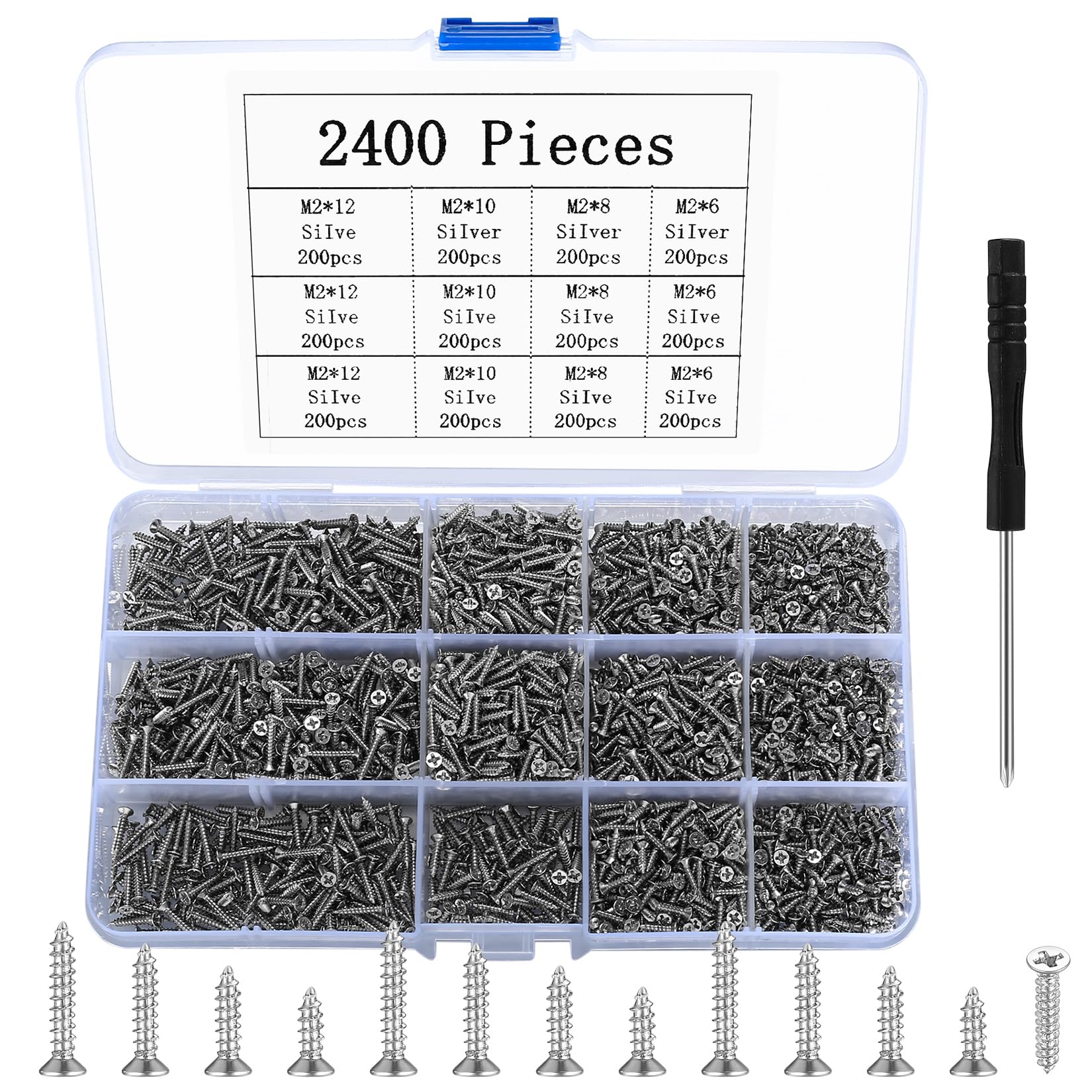 Small Self-Drilling Screws, 2400 Small Wood Screws, Phillips Screws, Flat Head Countersunk Self-Drilling Screws for Electronics DIY Woodworking - Silver