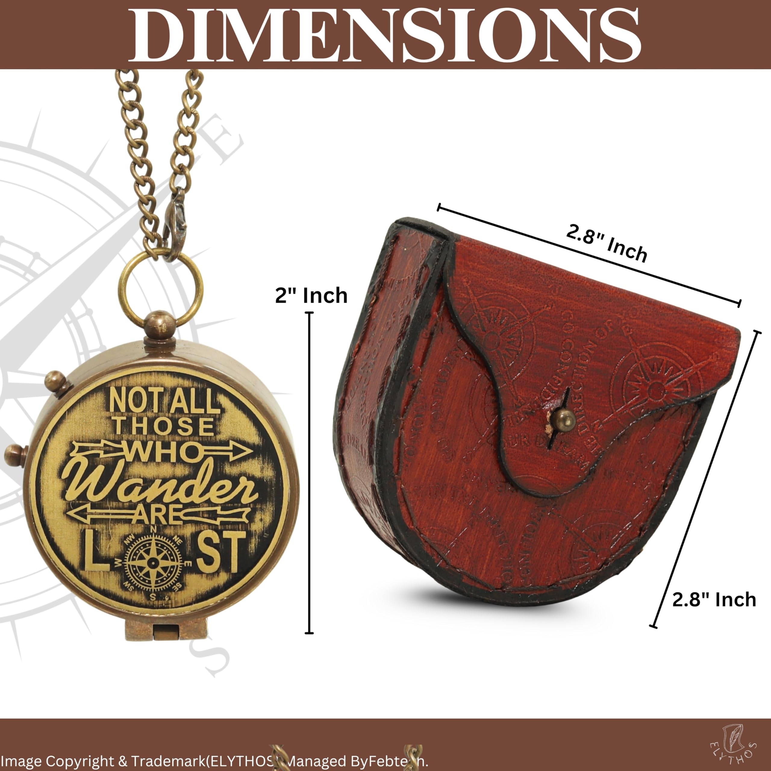 Antique Brass Compass with Leather Case Not Al Who Wander are Lost – Wedding Anniversary, Baptism, Confirmation, First Communion, Retirement Gifts for Boys, Son, Mens, Husband