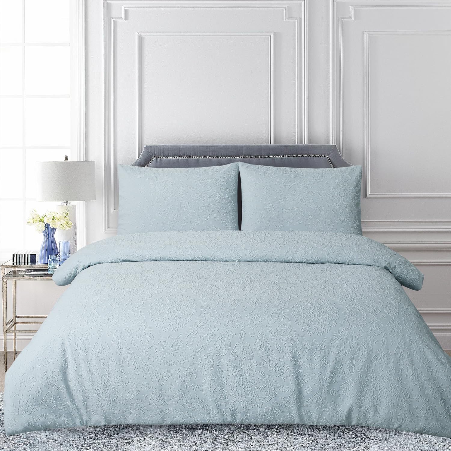 Chlophy Duck Egg Blue Duvet Sets King Floral Duvet Cover Damask Mandala Textured Embossed Medallion Bohemian Jacquard Garland Light Blue - Image 3