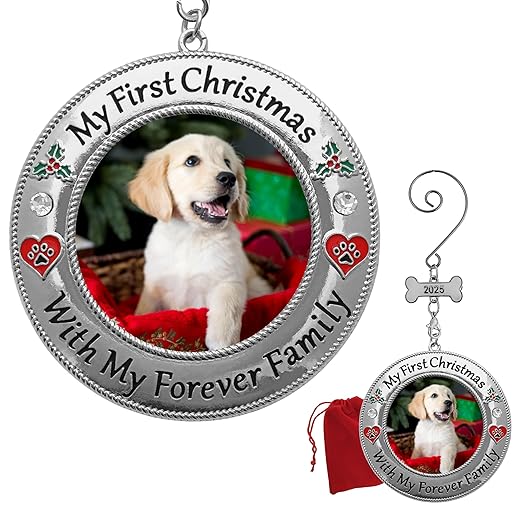 My First Christmas Dog Ornament - Dated 2023 Bone Charm with Red Heart and Paw Print Designs - New Pet Owner - Gift/Storage Bag Included