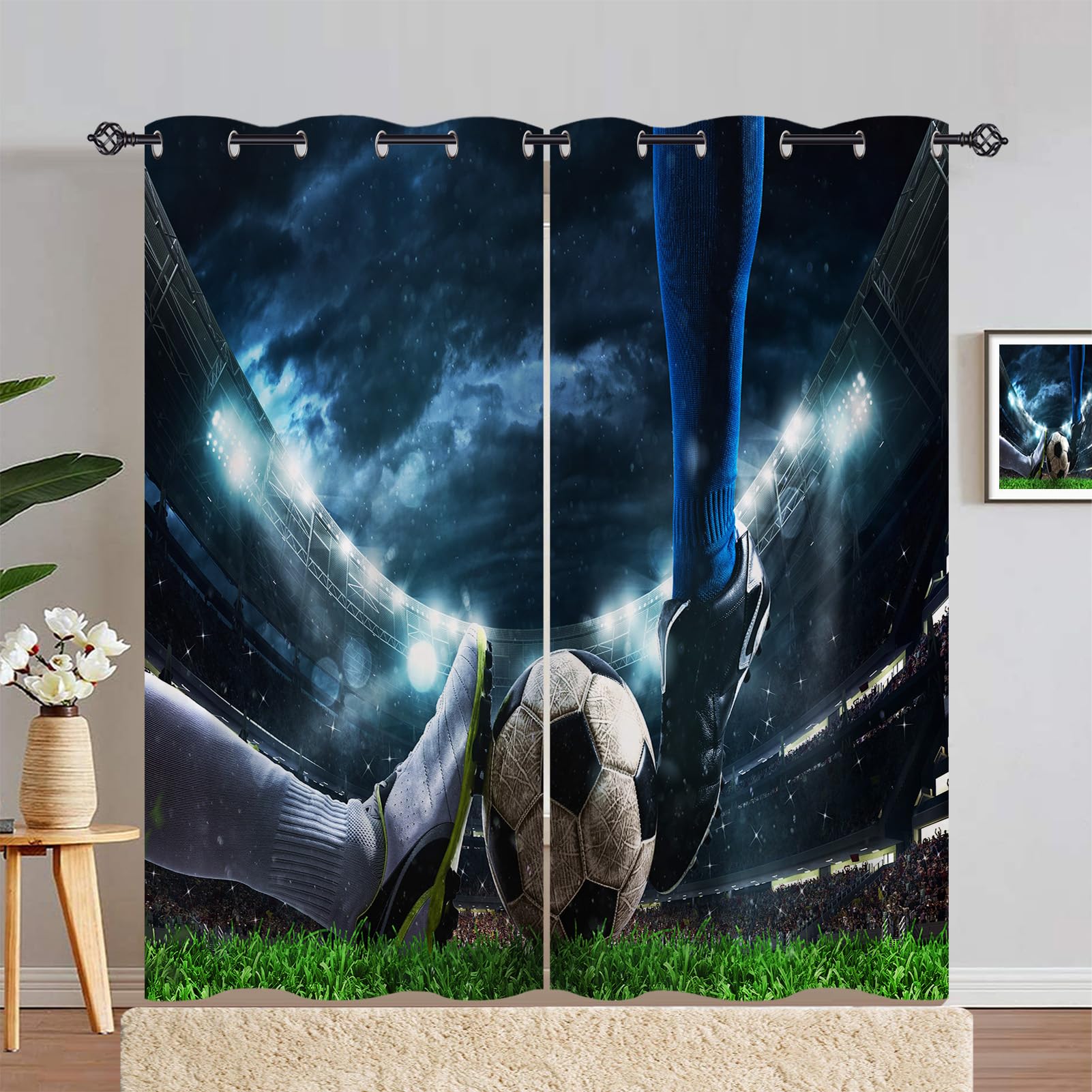 ANHOPE Football Curtains Eyelet Ring Top Soft Thermal Insulated Blackout Curtains Stadium Soccer Ball Player Print Pattern Decorative Window Drapes for Kids Bedroom Living Room 55 x 90 Inch 2 Panels — image 1