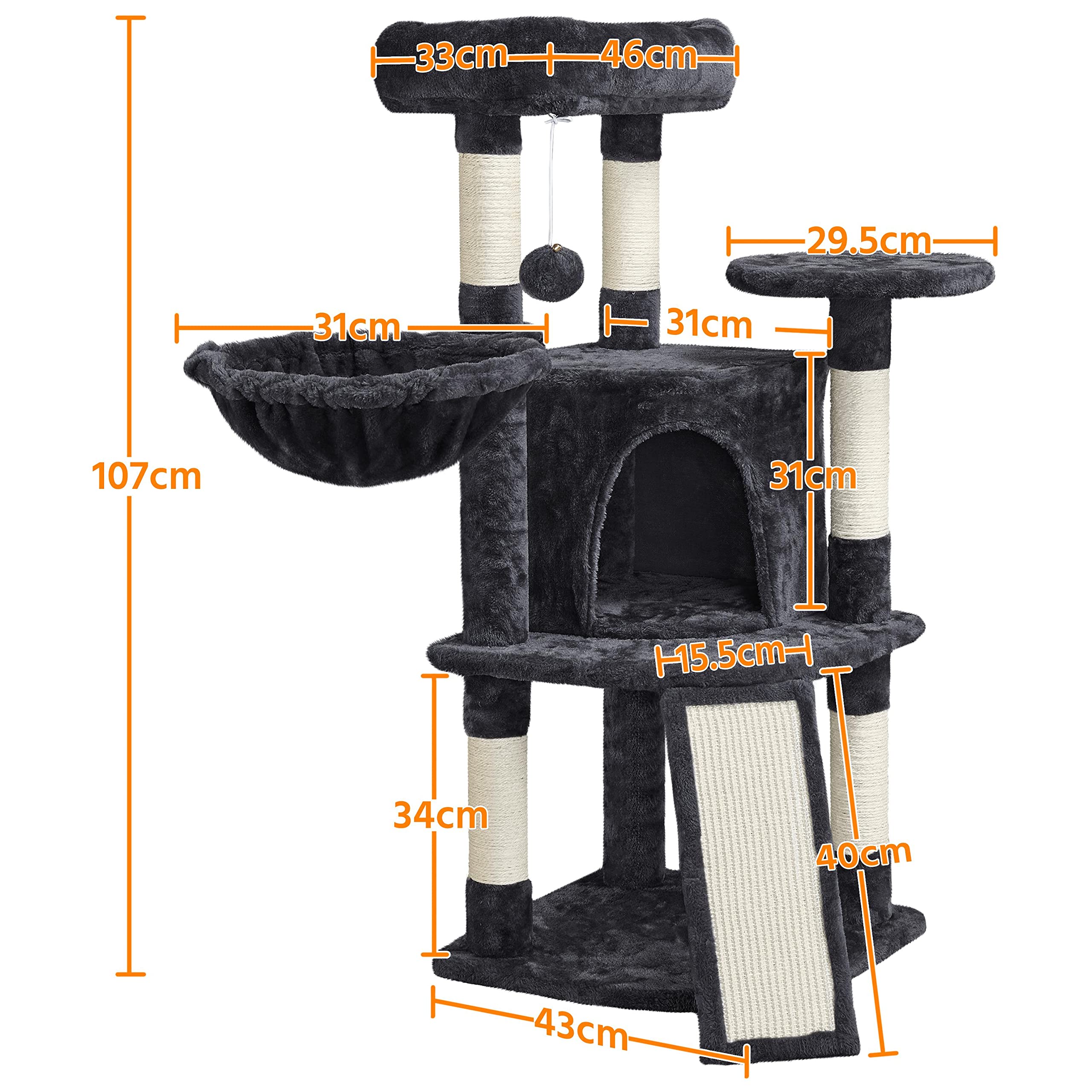 Yaheetech drapak dla kota, 107 cm stabilny, do wspinaczki, z legowiskiem dla kota, deska do drapania, plusz, sizal, czarny