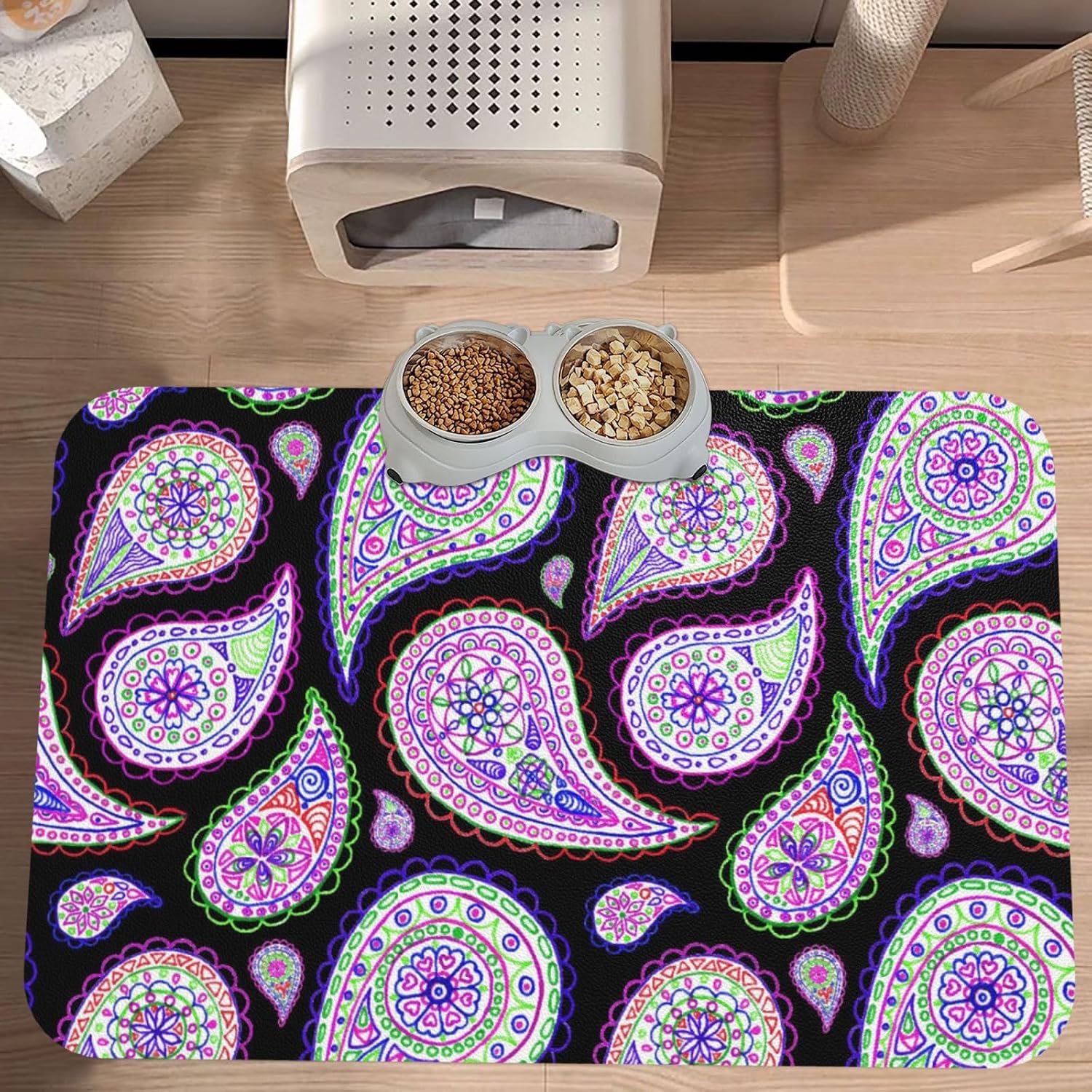 Colorful Mandala Pattern Leather Absorbent Pet Feeding Mat Non-Slip for Dogs Cats 40x60cm