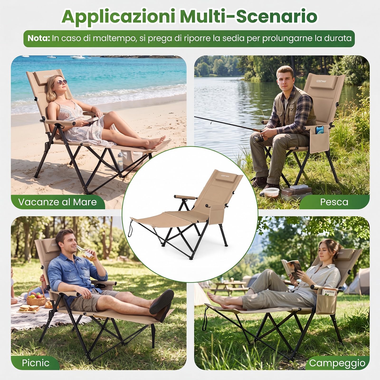 COSTWAY Sedia da Campeggio Pieghevole, Sedia a Sdraio con Poggiapiedi, Schienale Regolabile, Poggiatesta e Tasca Laterale, Portata 150 kg, Sdraio da Esrerno per Giardino e Spiaggia (Kaki)