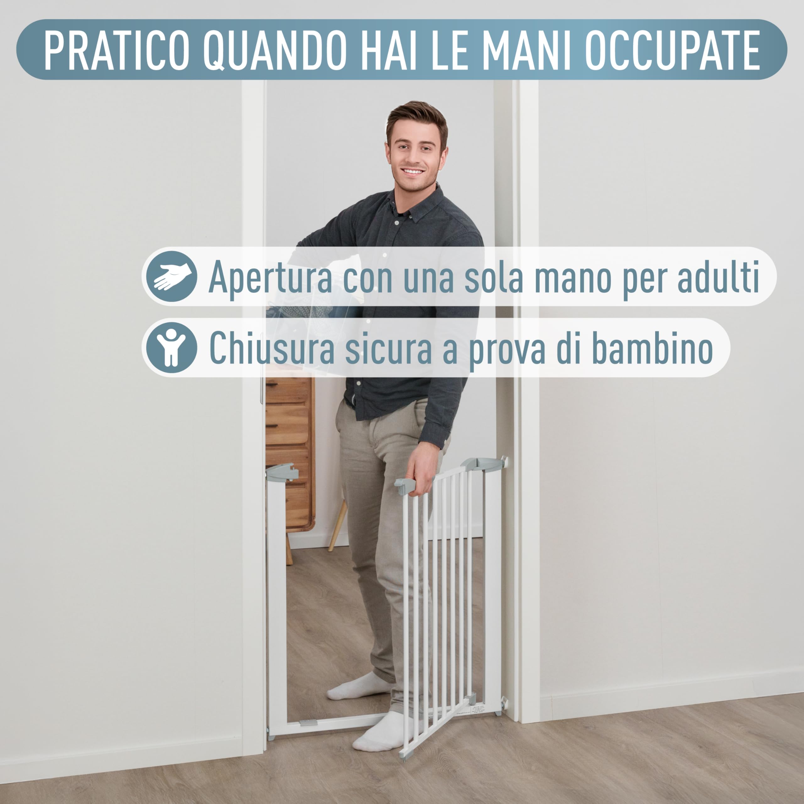 IB STYLE Cancelletto per Bambini Yael 73,5-81,5 cm – Sicurezza senza fori, montaggio a pressione, metallo robusto, apertura una mano, stop 90°, protezione casa bambini e cani, bianco
