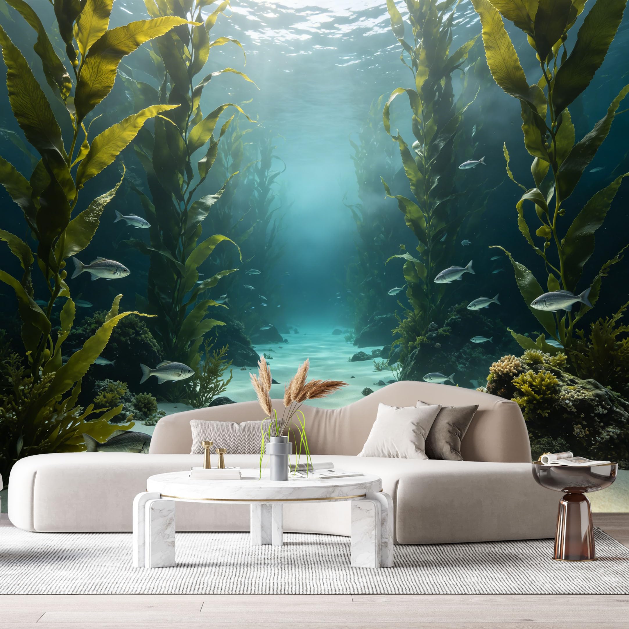Custom Size Wall Murals Ocean Marine 3D Trompe L'Oeil Underwater Kelp Forest Swimming Fish Sea Shells SelfAdhesiveWall Fabric Removable Wallpaper Wall Decor for Living Room Bedroom Bathroom