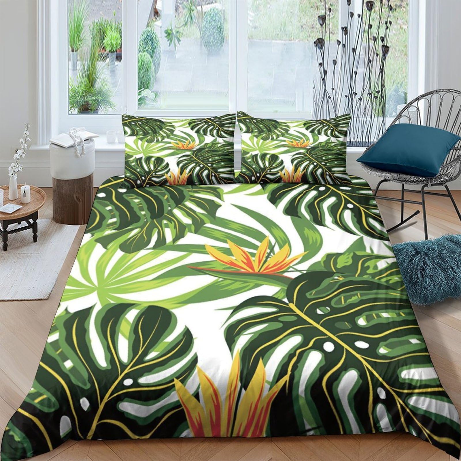 Ctjqhvkz Style-9 3D Printed Tropical Leaf Fitted Sheet Microfiber Soft Green Bird Of Paradise Mattress Cover For Bedroom Guest Room Decor Single（135X200cm）
