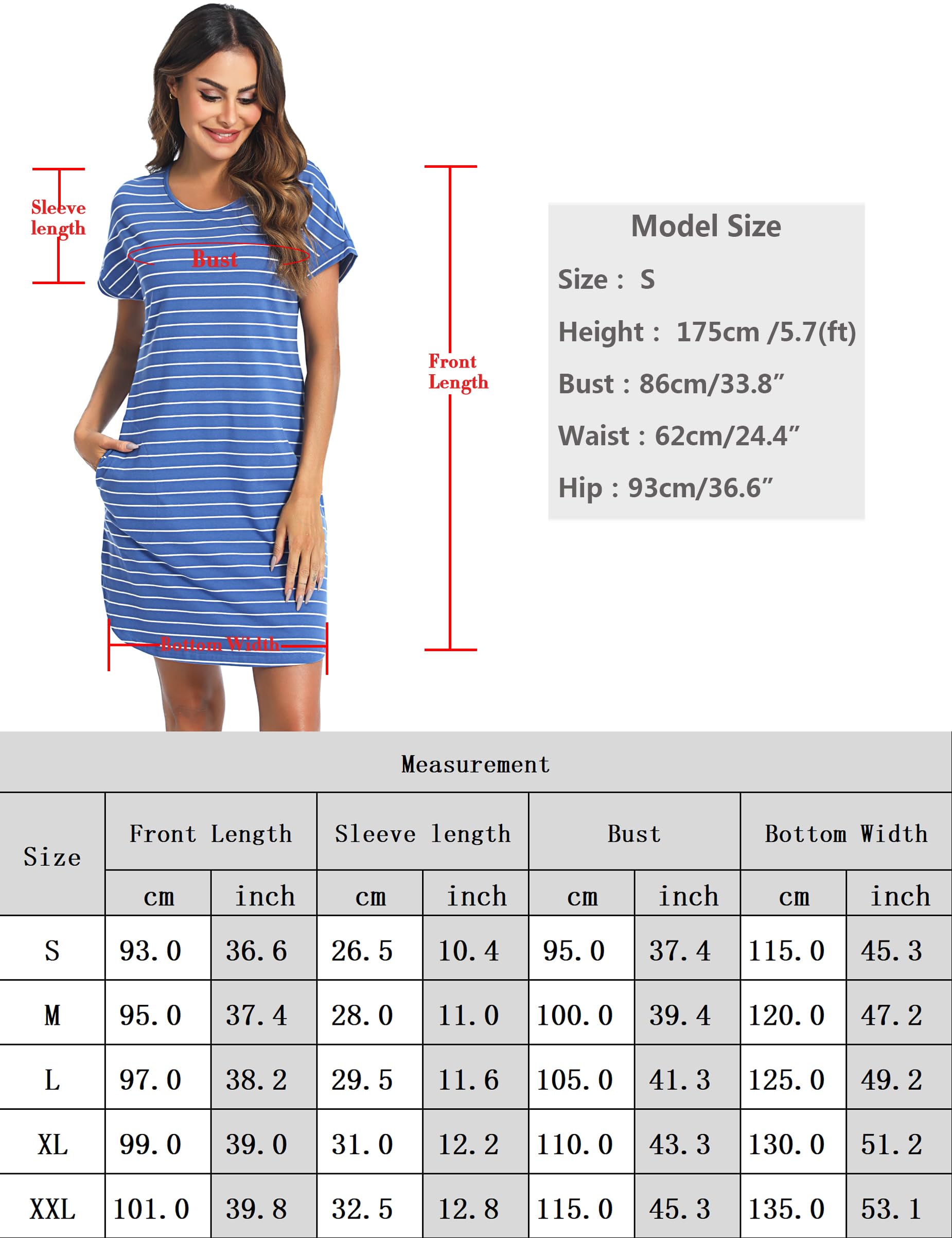 Litherday Nachthemd Damen Kurzarm Baumwolle Schlafshirt Sommer Streifen Nachthemden für Damen