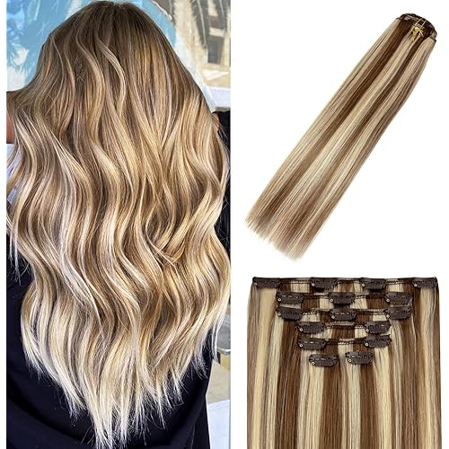 WindTouch Clip in Hair Extensions Human Hair Balayage Medium Light Brown to Blonde Hair Extensions for Blonde 12Inch 70g #6p613 7PCS Gift for Women