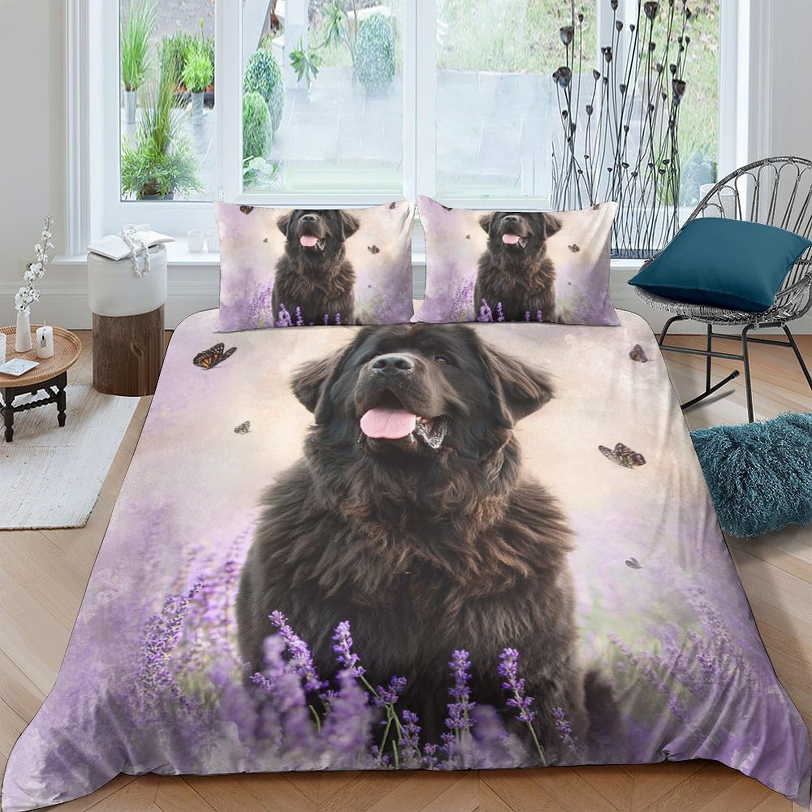 GPLZQXKJNH 3D Printed Black Dog Lavender Duvet Cover Microfiber Soft Breathable Meadow Quilt Cover Set with 2 Pillowcases for Bedroom Decor Single（135x200cm）