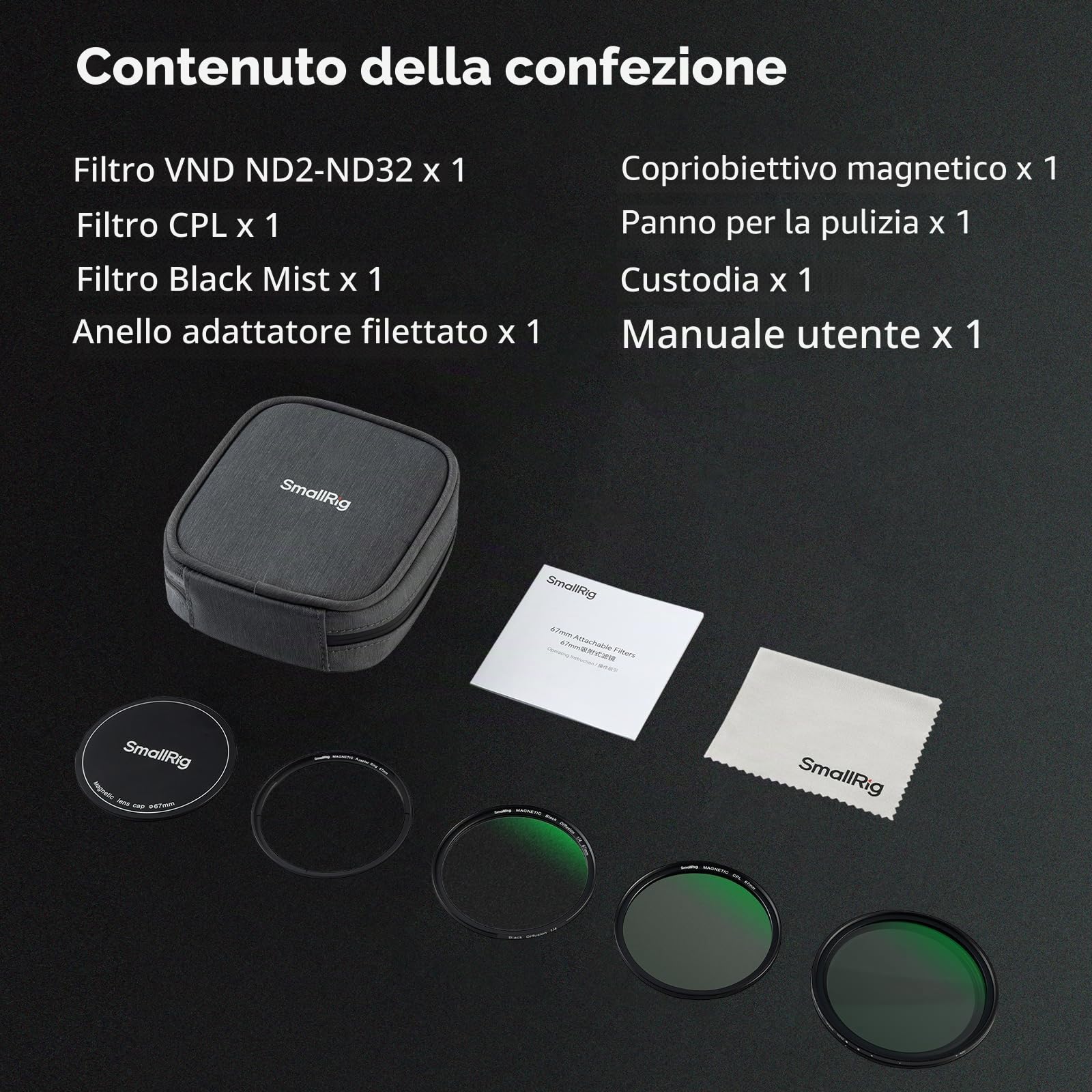 SMALLRIG Kit Filtro Obiettivo Magnetico 5 in 1 da 67 mm, VND + CPL + Nebbia Nera 1/4 + Anello Adattatore Filettato + Copriobiettivo Magnetico + Custodia, per Obiettivo Fotocamera Telefono - 4726