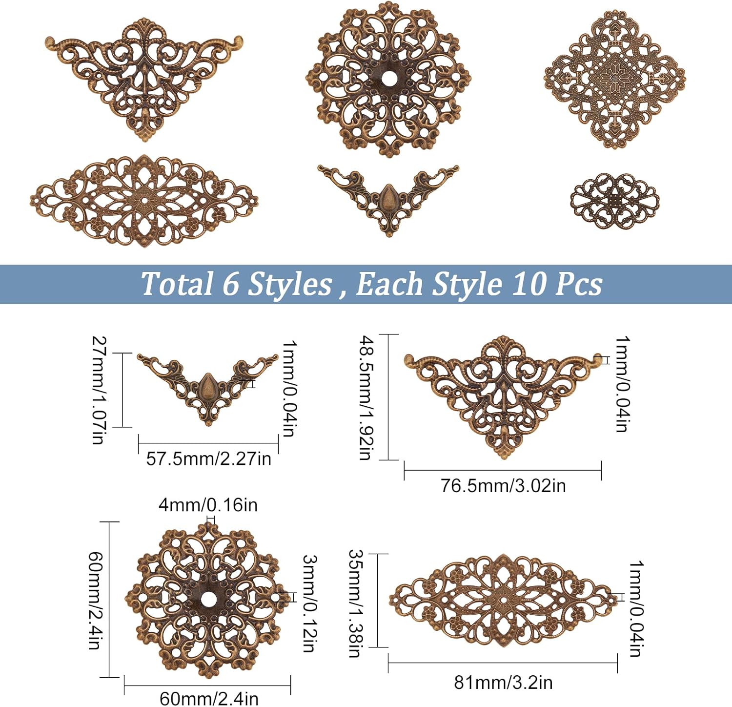 SUNNYCLUE 1 Box 60Pcs 6 Styles Antique Bronze Filigree Metal Filigree Pieces Iron Flower Embellishment Hollow Tibetan Charm for Jewelry Making Charms Choker Necklace Bracelet Earrings DIY Accessories - Image 2