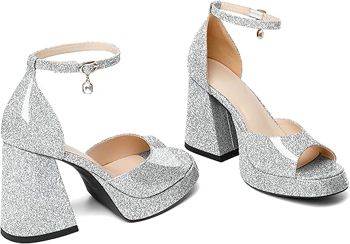 Miniatura 3 de Eldof Tacones gruesos de plataforma para mujer, sandalias de tacón abierto con correa al tobillo, tacones altos gruesos, zapatos de vestir para