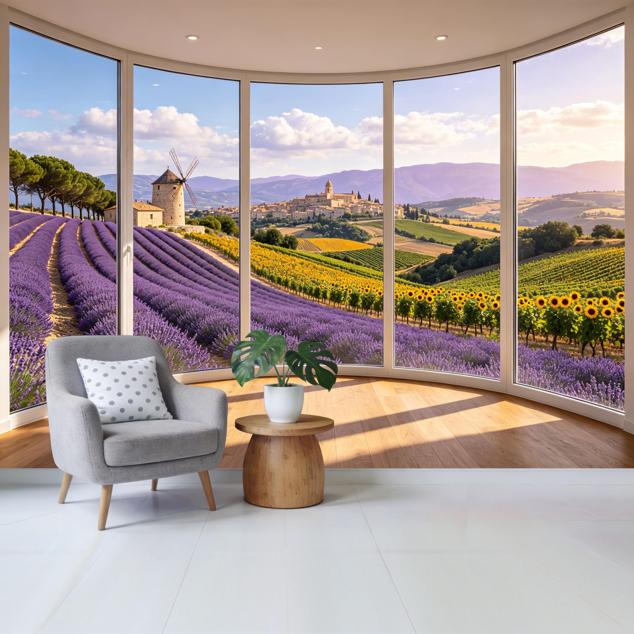 Removable Self Adhesive Fabric Mural， Custom Size Wall Covering Lavender Fields Sunflower Farmhouse Landscape， UV Protected Waterproof Washable Wall Decor for Living Room Bedroom Bathroom