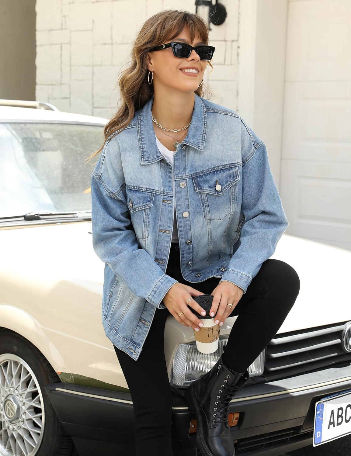 Omoone Women’s Oversized Mid Long Denim Jacket Jean Biker Coat