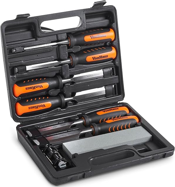 VonHaus Chisel Set - 8pcs Woodworking Tools Set - Wood Carving Tools for Men and Women - Chrome Vanadium, Wood Chisel Sets with Sharpening Stone, Honing Guide and Storage Case - Bevel-Edged Chisel Set