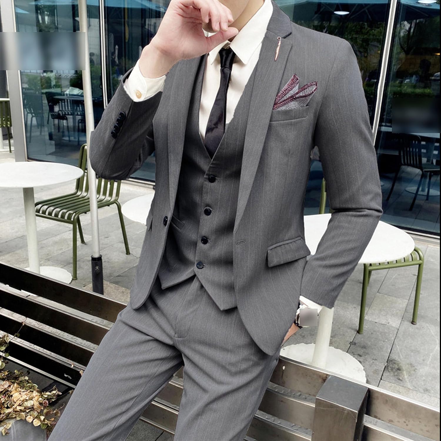 Men's Slim Fit Striped Banquet Wedding 3 Piece Casual Dress Pinstripe Blazer Vest Pants Stripes Single Breasted Suit