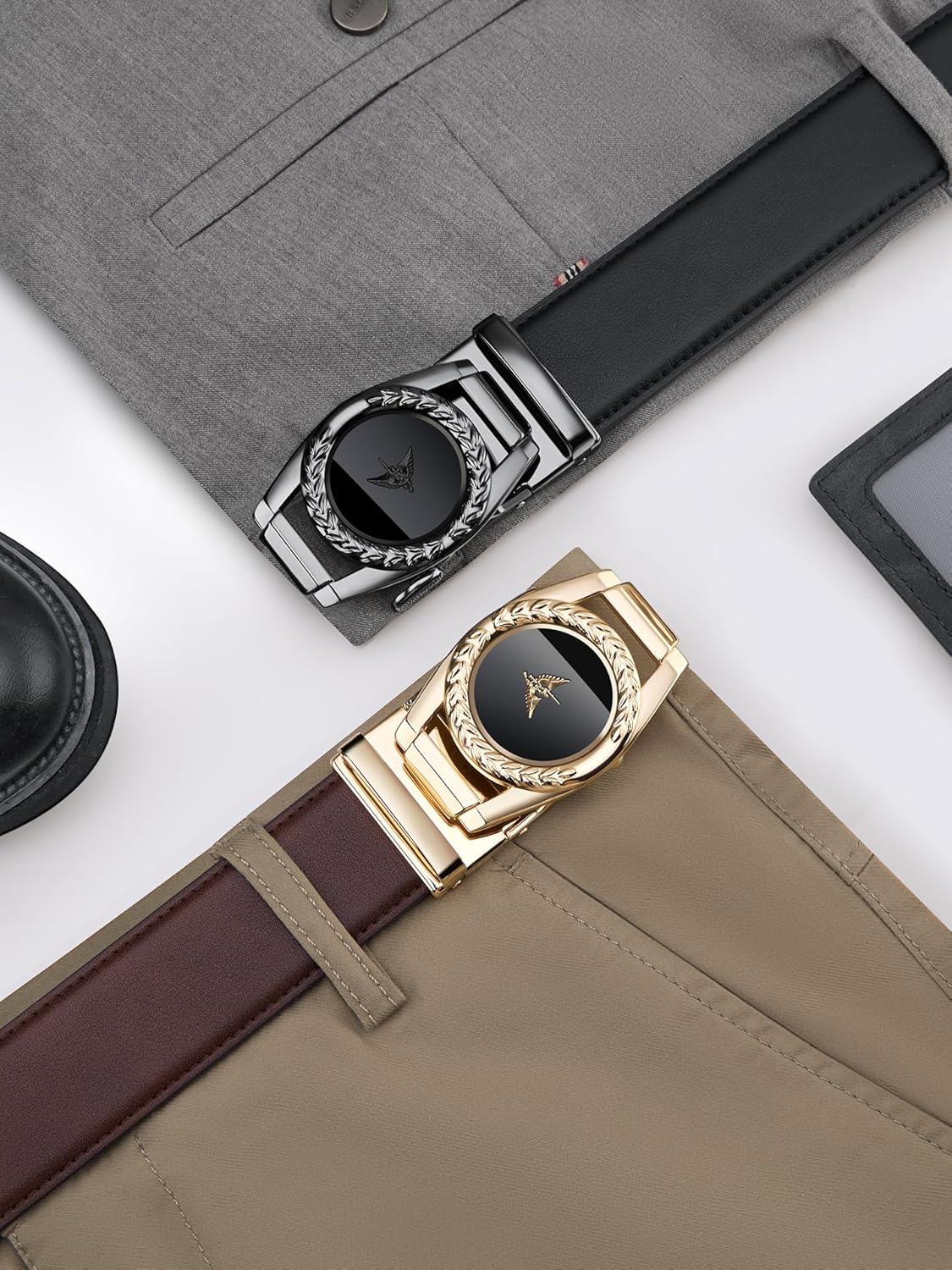 VANNANBA Mens Belts for Jeans, Designer Belts with Gorgeous Buckle Black Gold for Daily Dress - Image 3