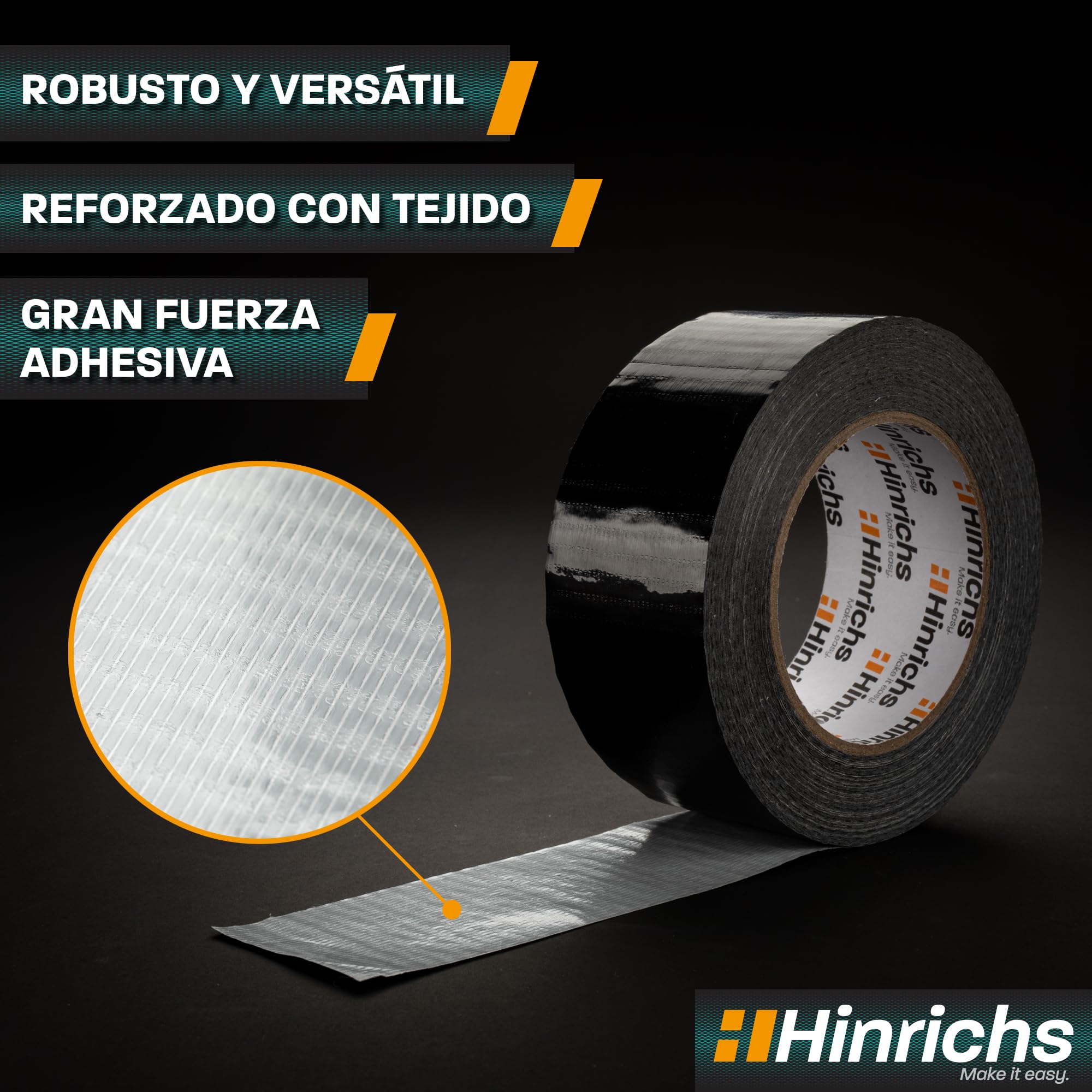 Hinrichs Cinta Americana Negra 4 Rollos 50m x 50mm – Cinta Adhesiva Impermeable y Extra Fuerte – Herramientas Lluvia y Reparaciones – Cinta Multiusos para Bricolaje, Embalajes y Uso Exterior Duradero