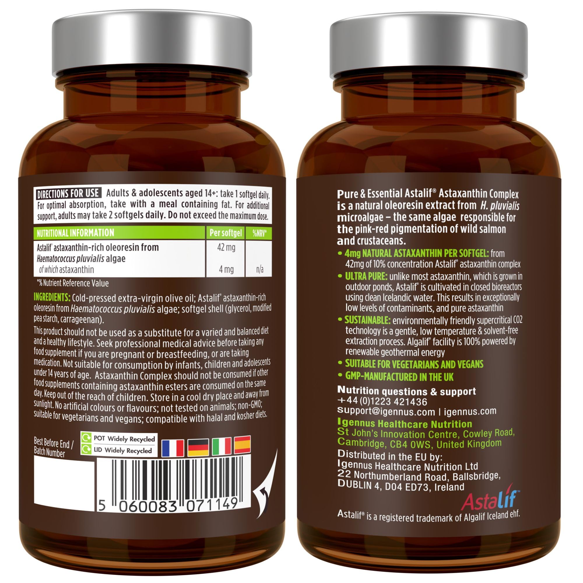 Astaxanthine Vegan, Complexe Antioxydant Naturel, 3 mois, 42mg provenant de algues ultra pures et durables, Lutéine et Zéaxanthine, 90 gélules – par Igennus
