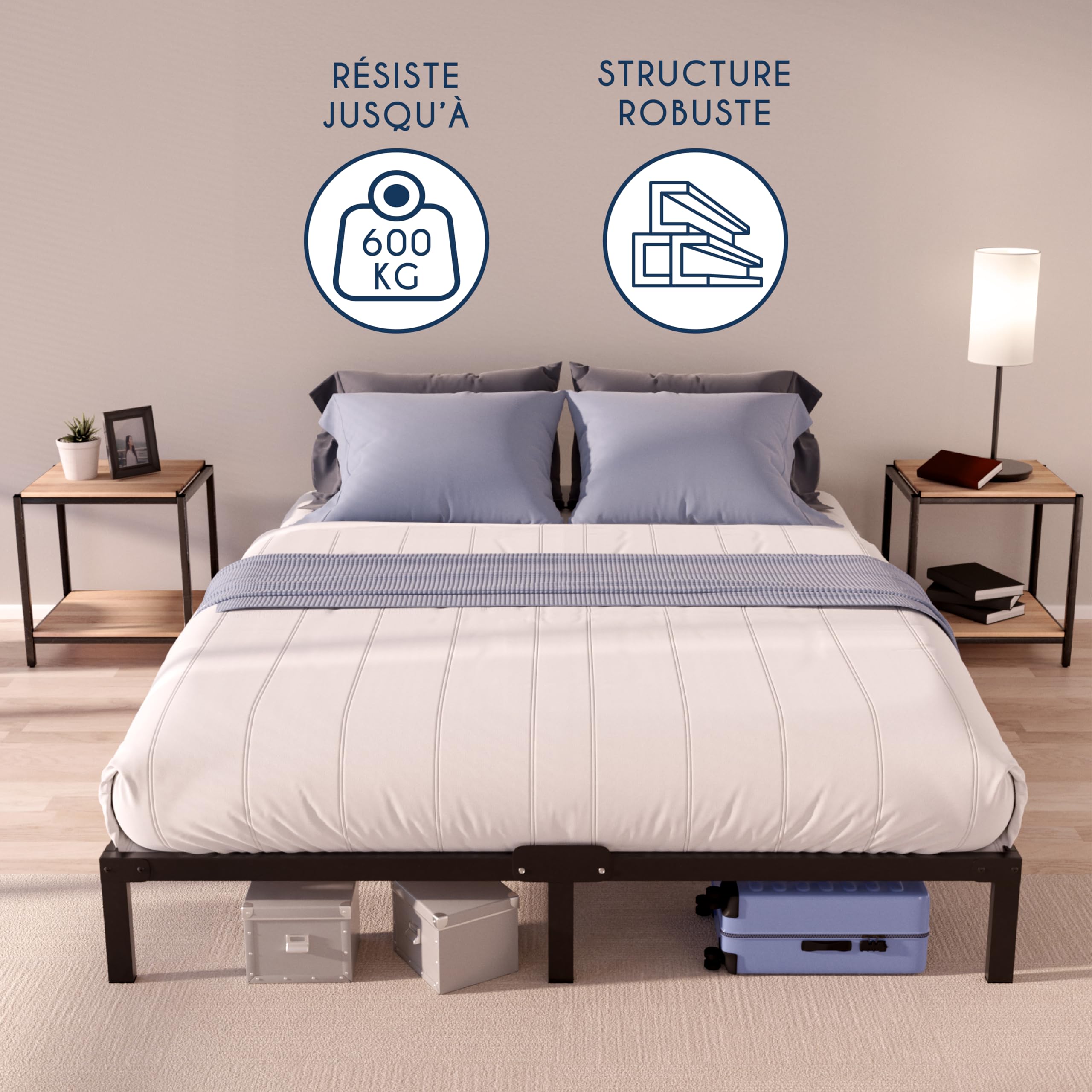 Dreamzie Cadre de Lit 160x200cm avec Sommier - Sommier 160x200 avec Pieds - Hauteur de 35cm - Structure Solide, Assemblage Facile et Espace de Rangement 32cm