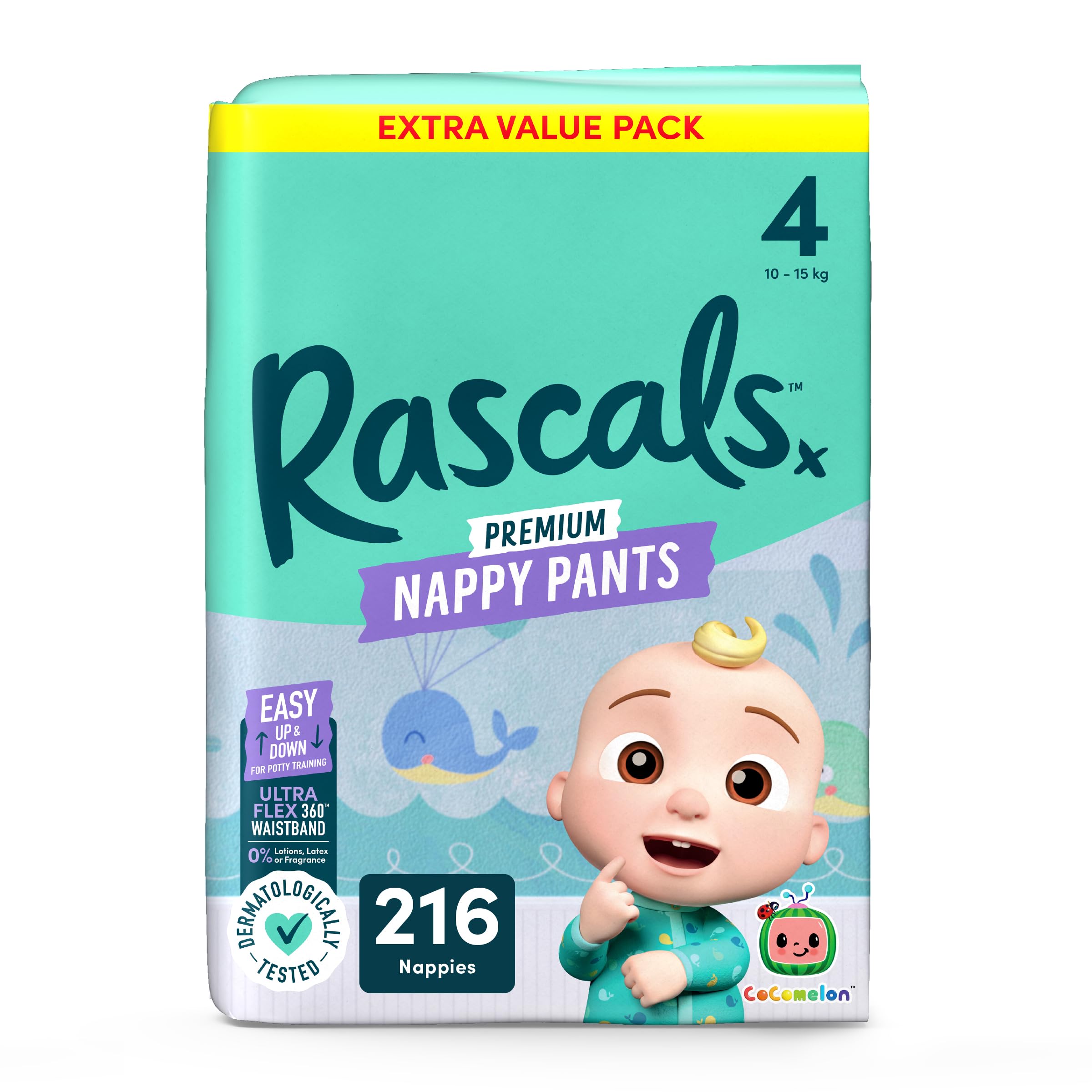 Rascals CoComelon Nappy Pants丨Size 4丨4 Jumbo Poly Pack x 54 Nappies丨Total 216 Nappies丨UltraFlex 360° Waistband丨Softness Using AirSpun丨breathable Feather-Soft (Size 4)