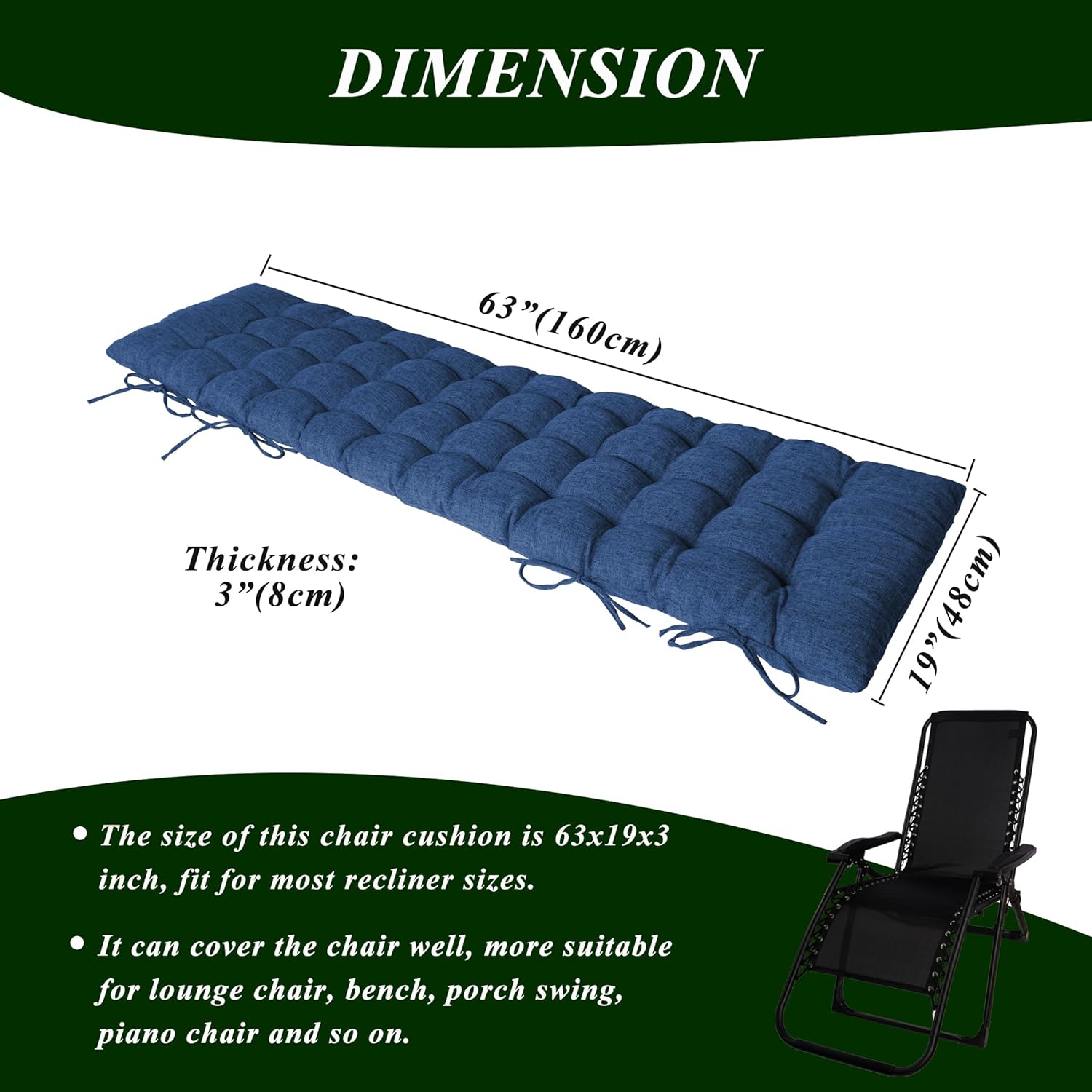 Lounge Chair Cushion Faux Linen Chaise Lounge Cushion with Ties Indoor Long Bench Cushion for Recliner Deck Chair Dormette Swing Bench 63 Inch Navy