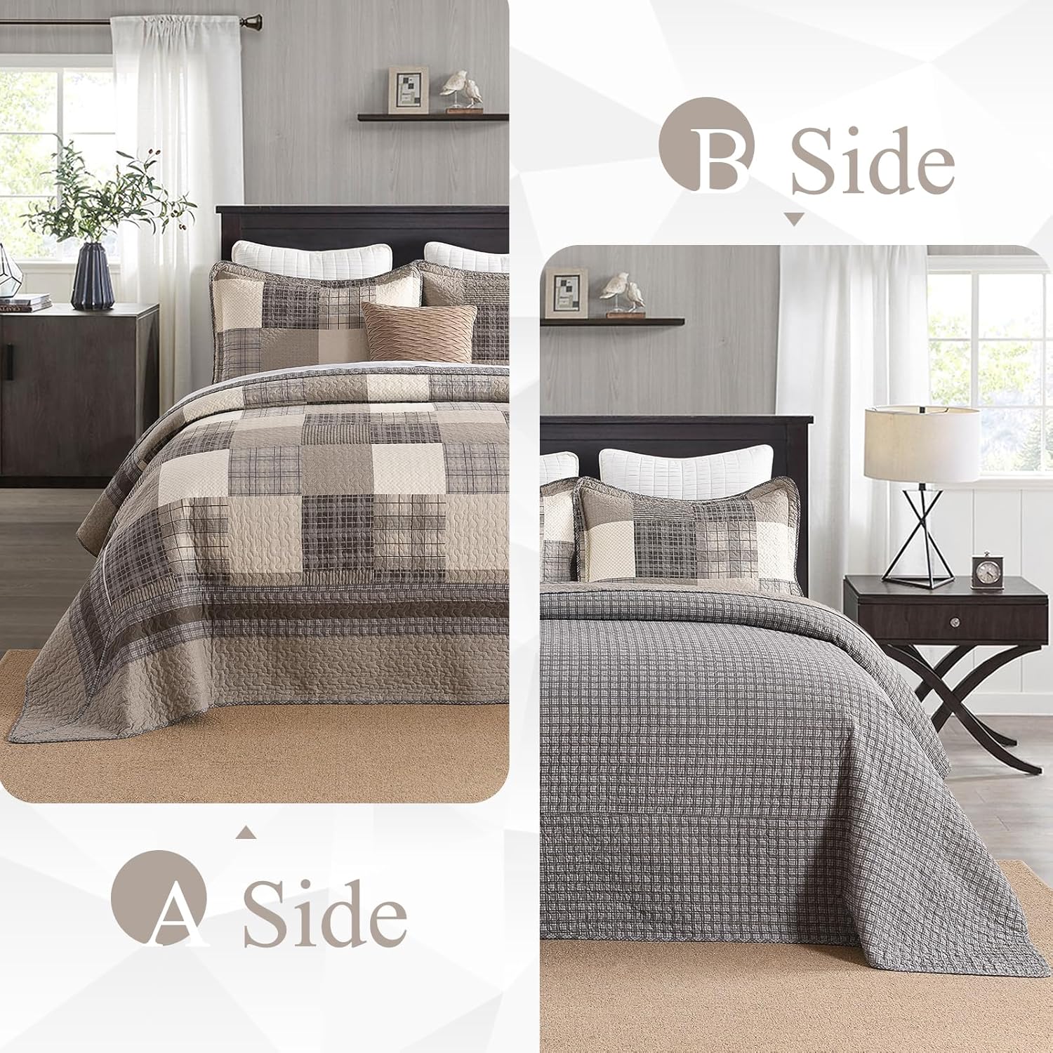 Farmhouse Bedspread King Size 120"x120" - 100% Cotton Lightweight Oversized King Quilt with 2 Pillowshams, Cottage Plaid King Quilted Bedding Bed Spreads Coverlet, Brown/Beige/Khaki - Image 5