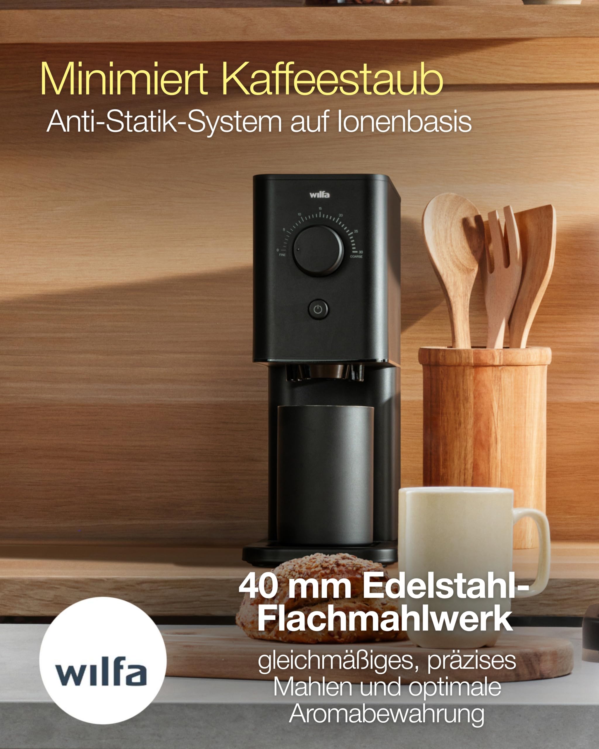 Wilfa Zense Alux Kaffeemühle elektrisch I 30 Mahlgrade für Espresso, Filterkaffee & French Press I 40 mm Edelstahl-Flachmahlwerk I Direkt in den Siebträger mahlen I Antistatik-System IAluminiumgehäuse