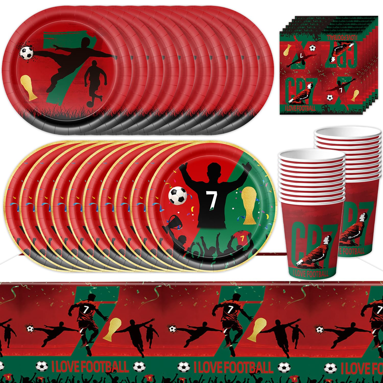 61Piece No.7 Football Star Party Tableware Set, World Cup Decorations, Kids Adults Party Supplies, Red No.7 Sports Star Theme Decor, Includes Plates, Cups, Napkins, Tablecloth (20 Guests)