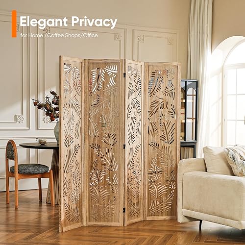 Miniatura 5 de Divisor de habitación bohemio con tallado de plumas, pantalla de madera calada de 4 paneles, partición plegable decorativa para sala de estar, Beige